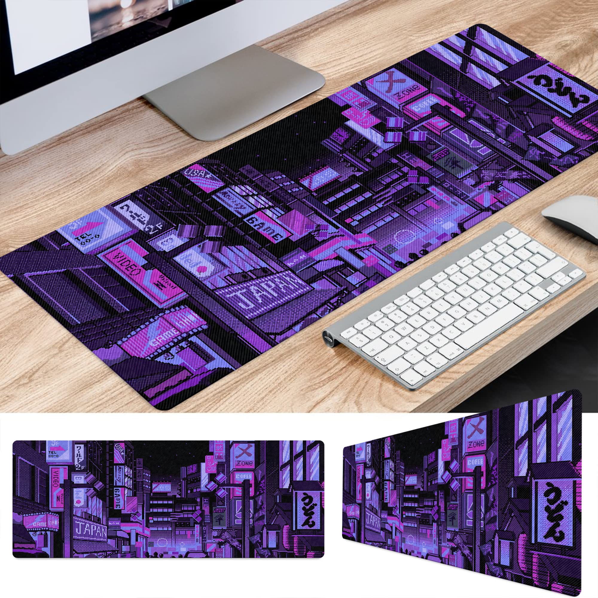 Dark Purple Japanese Anime Retro Vaporwave Mouse Pad - Extra Large Gaming Mouse Mat with Non-Slip Base for Keyboard & Laptop - Perfect for PC Gaming, Office Work & Kawaii Anime Lovers