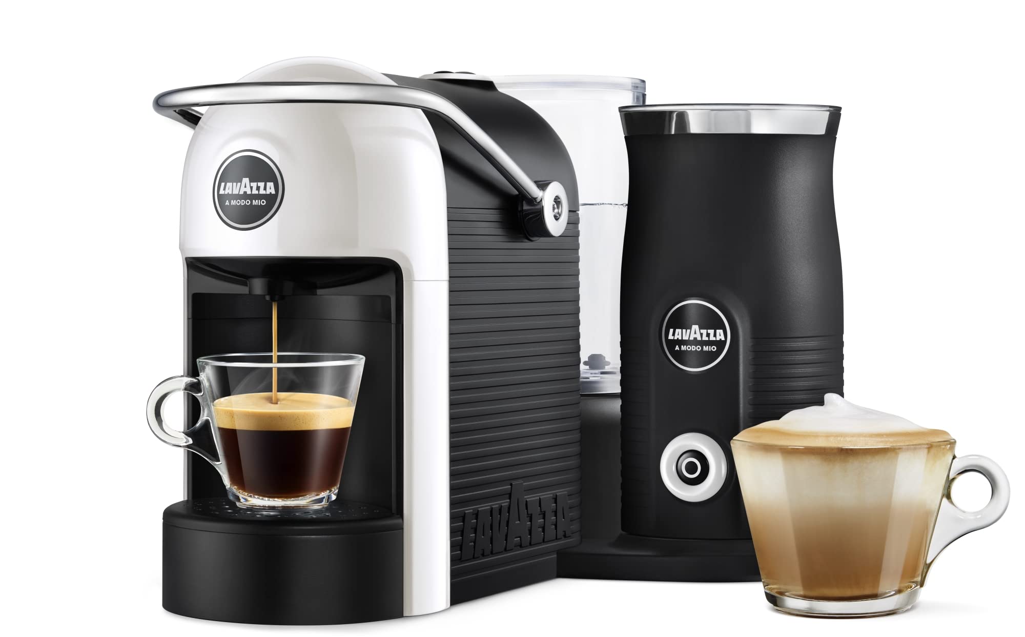 Lavazza A Modo Mio Jolie & Milk EVO Coffee Machine - 33% Recycled Plastic, Built-in Milk Frother, Removable Grid, Compatible with A Modo Mio Pods - 1250W, 220-240V, White - Perfect for Home & Office Espresso Lovers