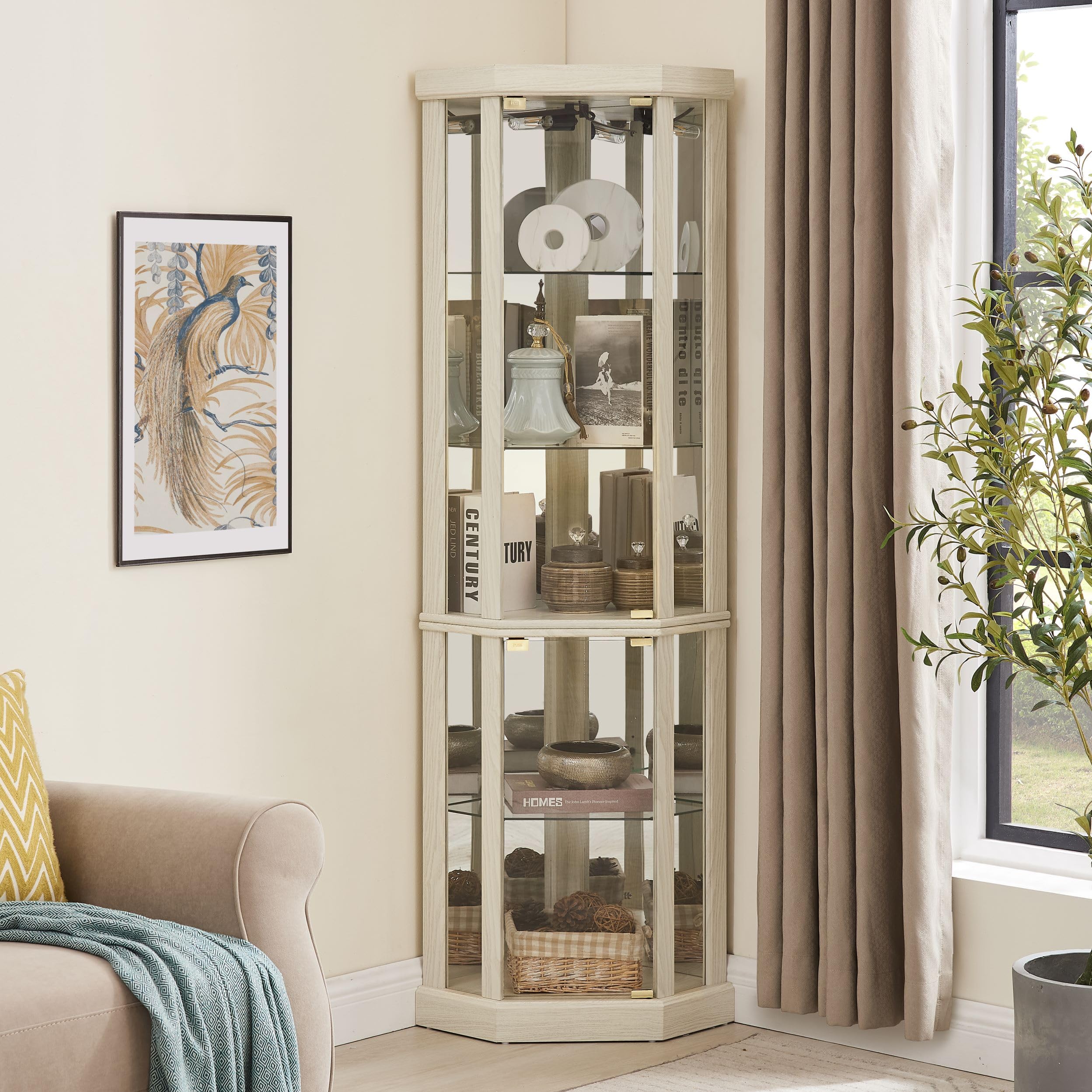 Corner Lighted Curio Cabinet - Glass Display Case with LED Lighting for Living Room, Antique Collections, Wine & Bar Glass Storage - Elegant Antique White Finish | Perfect for Home Decor, Showcasing Collectibles & Entertaining Guests