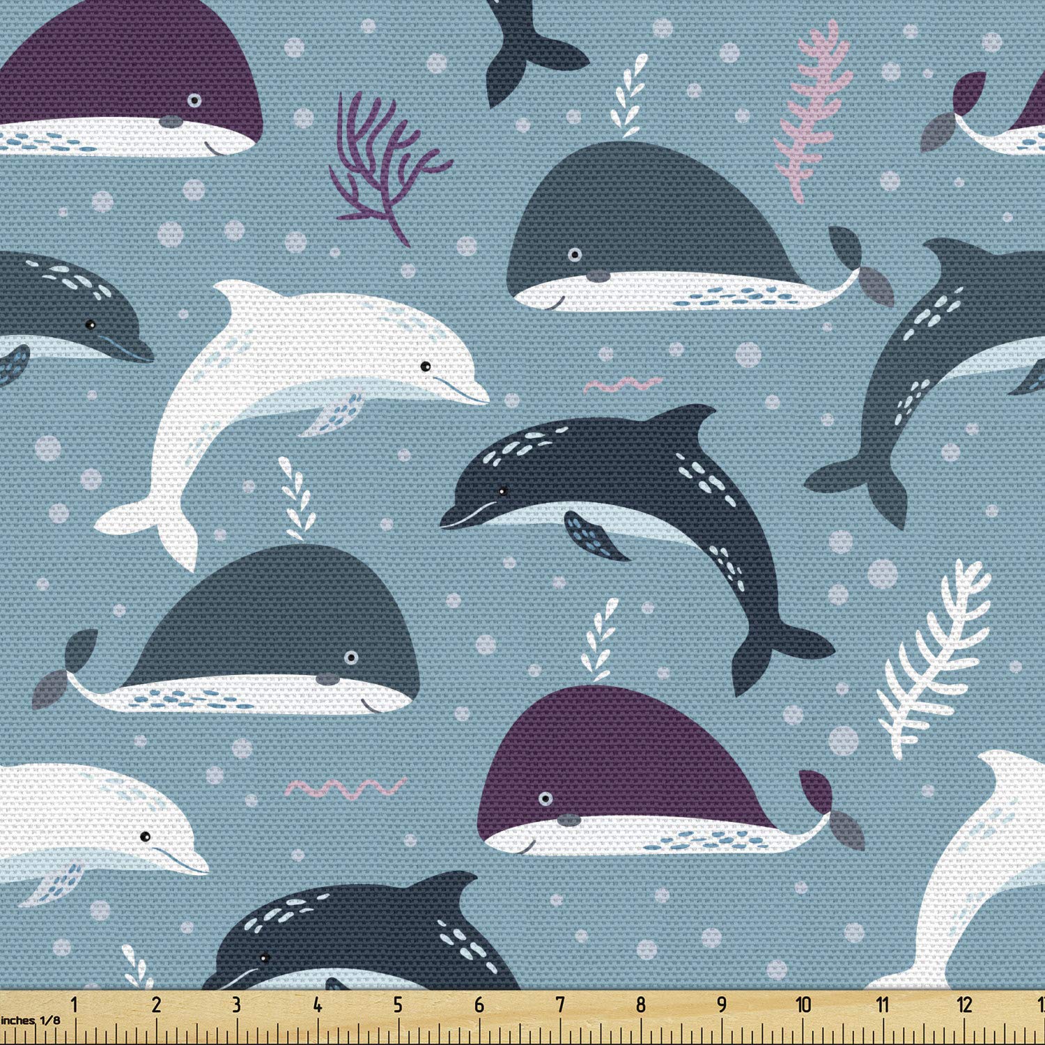 Ambesonne Nautical Fabric by The Yard - Cartoon Sea Life Underwater World with Whales, Dolphins, Bubbles & Corals - Decorative Upholstery Fabric for Sofa, Curtains & Home Decor - 10 Yards, Sea Blue Multicolor - Perfect for Coastal Themed Bedrooms & Beach House Decor
