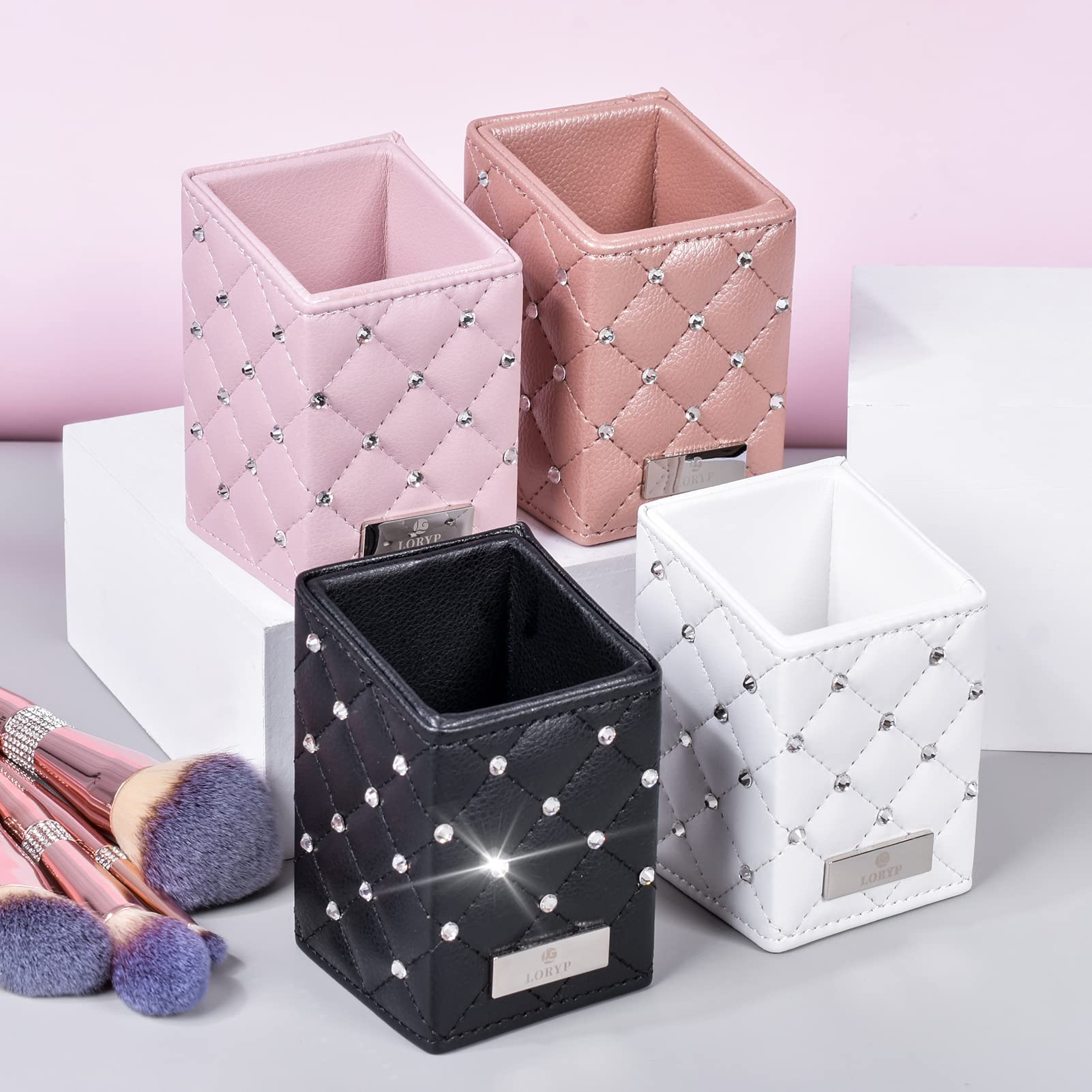 LORYP Crystal Makeup Brush Holder - Rhinestone & PU Cosmetic Brush Organizer - Handmade Vanity Storage for Dresser Countertop (White) | Perfect for Makeup Artists & Beauty Enthusiasts