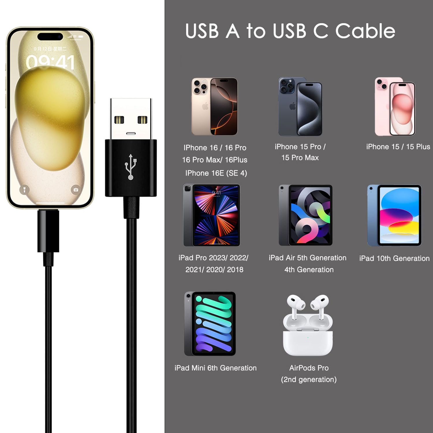 USB C to USB A Car Charger Cable for iPhone 15/16/Pro Max/Plus & iPad - Fast Charging, Durable Nylon Braided Cord - Perfect for CarPlay, Road Trips & Daily Commuting
