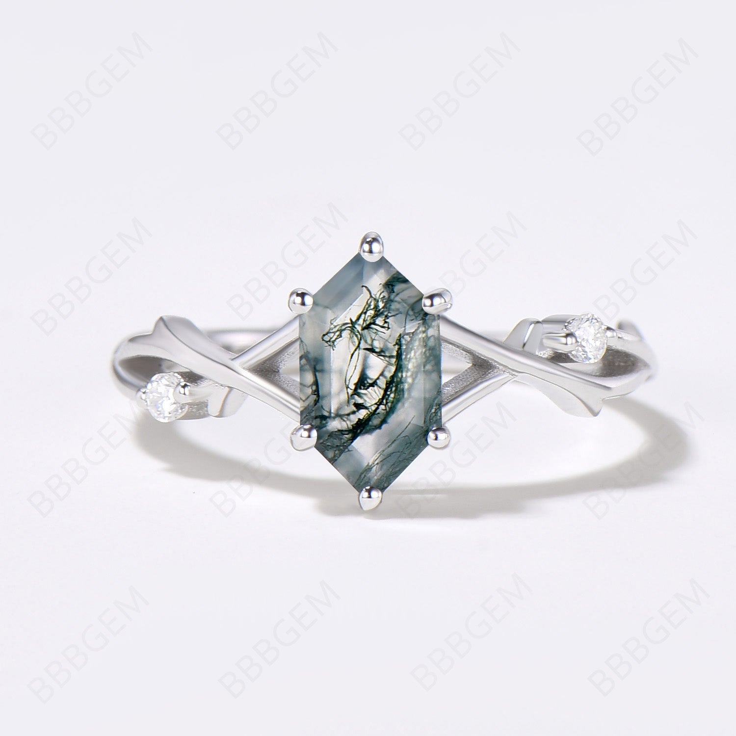 Women's Moss Agate Long Hexagon Ring - Twig Branch Green Agate Elongated Promise Ring in 925 Sterling Silver - Perfect for Engagement, Anniversary & Boho Jewelry Gifts