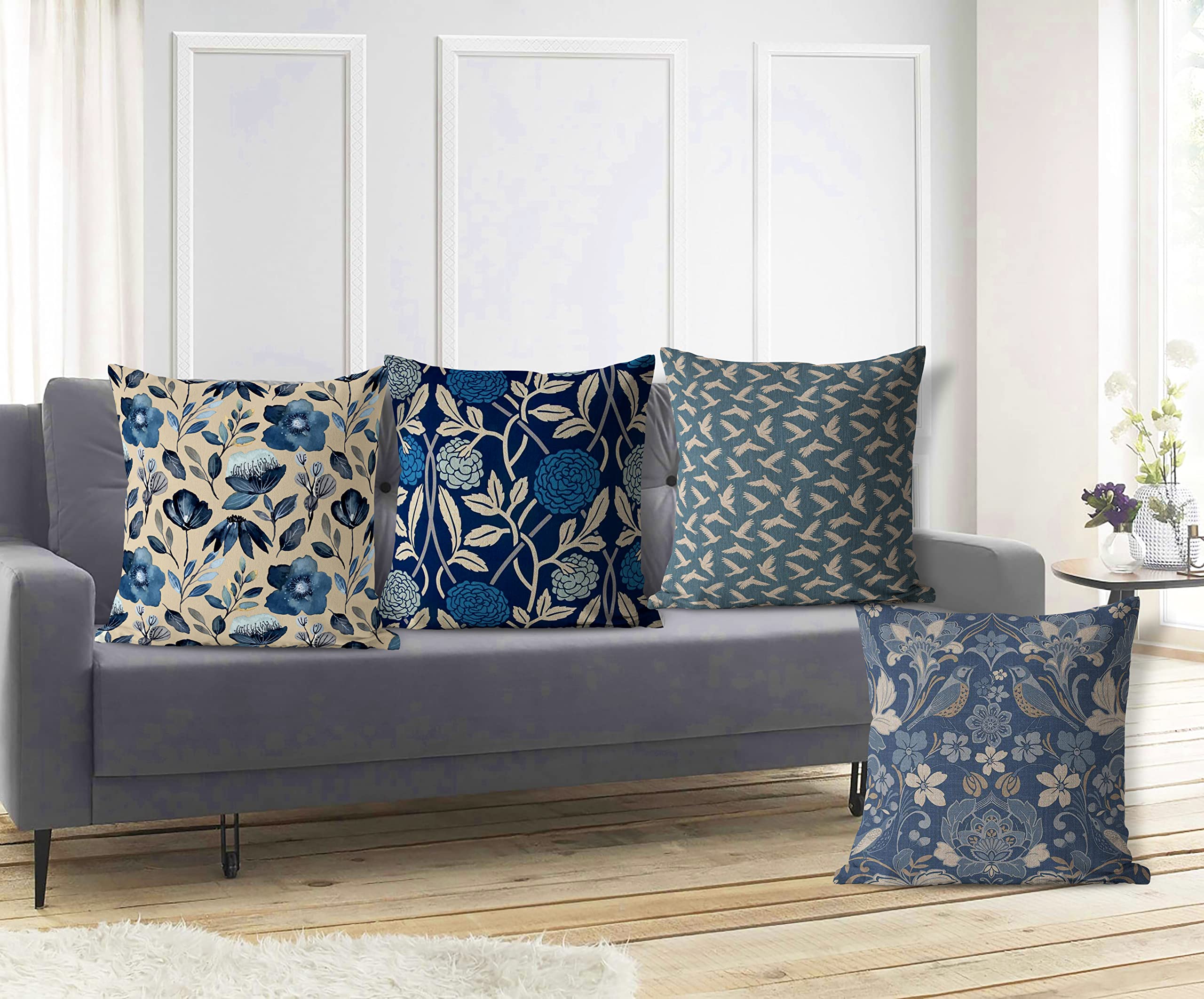 4-Pack Blue Floral Leaf Bird Retro Farmhouse Throw Pillow Covers 18x18 Inch - Cotton Linen Blend Cushion Cases for Sofa, Living Room, Bedroom Decor - Rustic Home Accent Gift for Housewarming, Wedding, Christmas