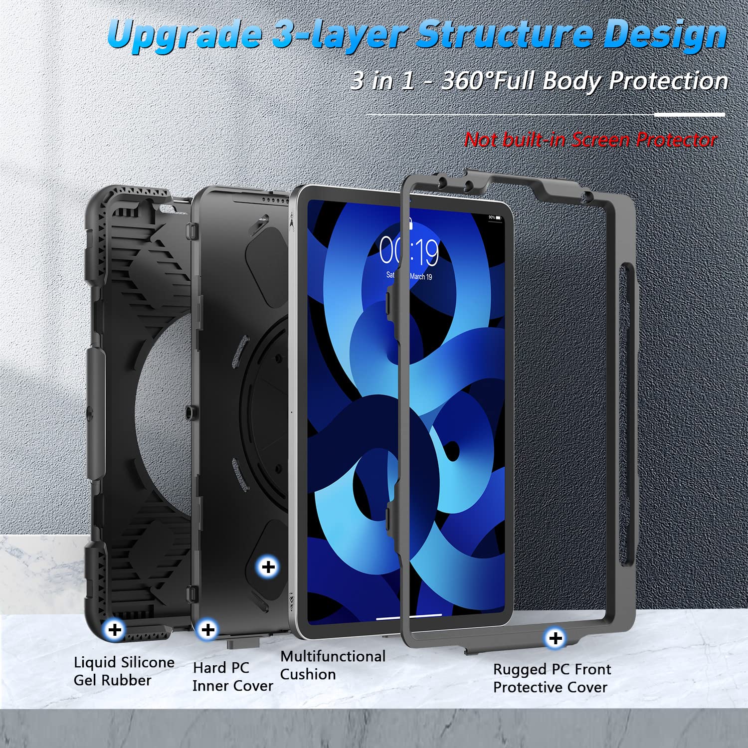 SUPFIVES Military Grade Protective Case for iPad Air 5th Generation 10.9 Inch (2022) & iPad Air 4th Gen/iPad Pro 11 - Shockproof Silicone Cover with Pencil Holder, Rotating Stand, Handle & Shoulder Strap (Black) - Perfect for Travel, Work & School Use