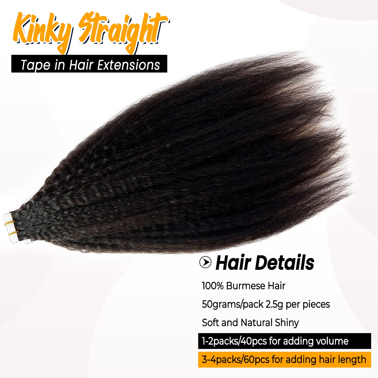 18 Inch Kinky Straight Tape-In Human Hair Extensions - 20 Pieces 50G, 100% Remy Human Hair, Invisible & Seamless for Black Women | Perfect for Styling, Volume Boost & Natural Look
