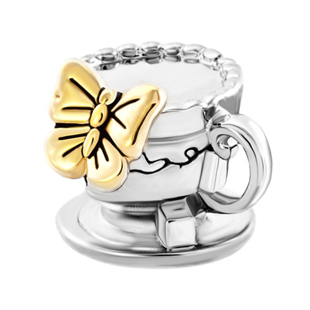 Silver Coffee Cup Charm with Golden Butterfly for Pandora Bracelet - Jewelry Making & Gifts