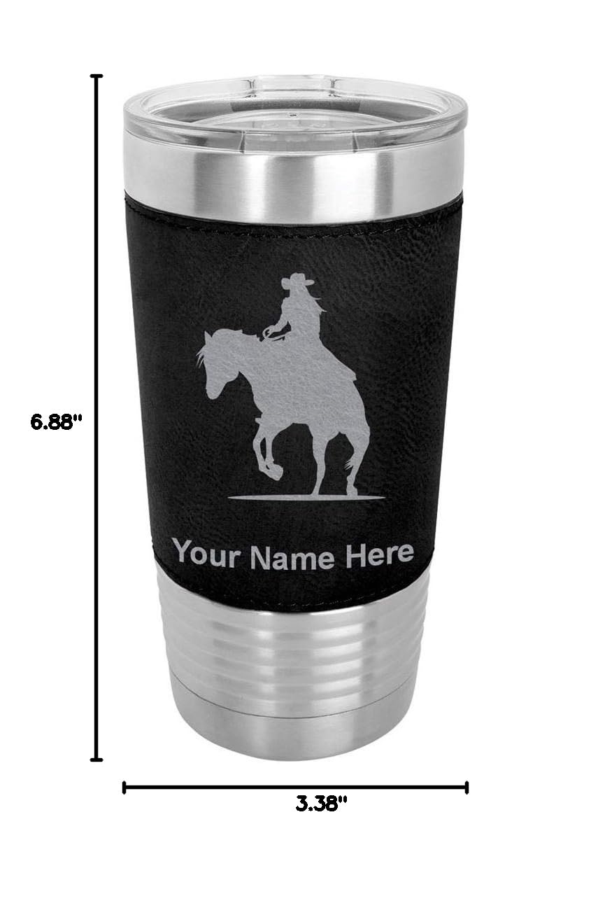 LaserGram 20oz Vacuum Insulated Stainless Steel Tumbler Mug - Personalized Cowgirl Riding Horse Design with Engraving, Faux Leather Handle, Black - Perfect for Coffee, Tea & Cold Drinks at Work, Gym or Outdoor Adventures