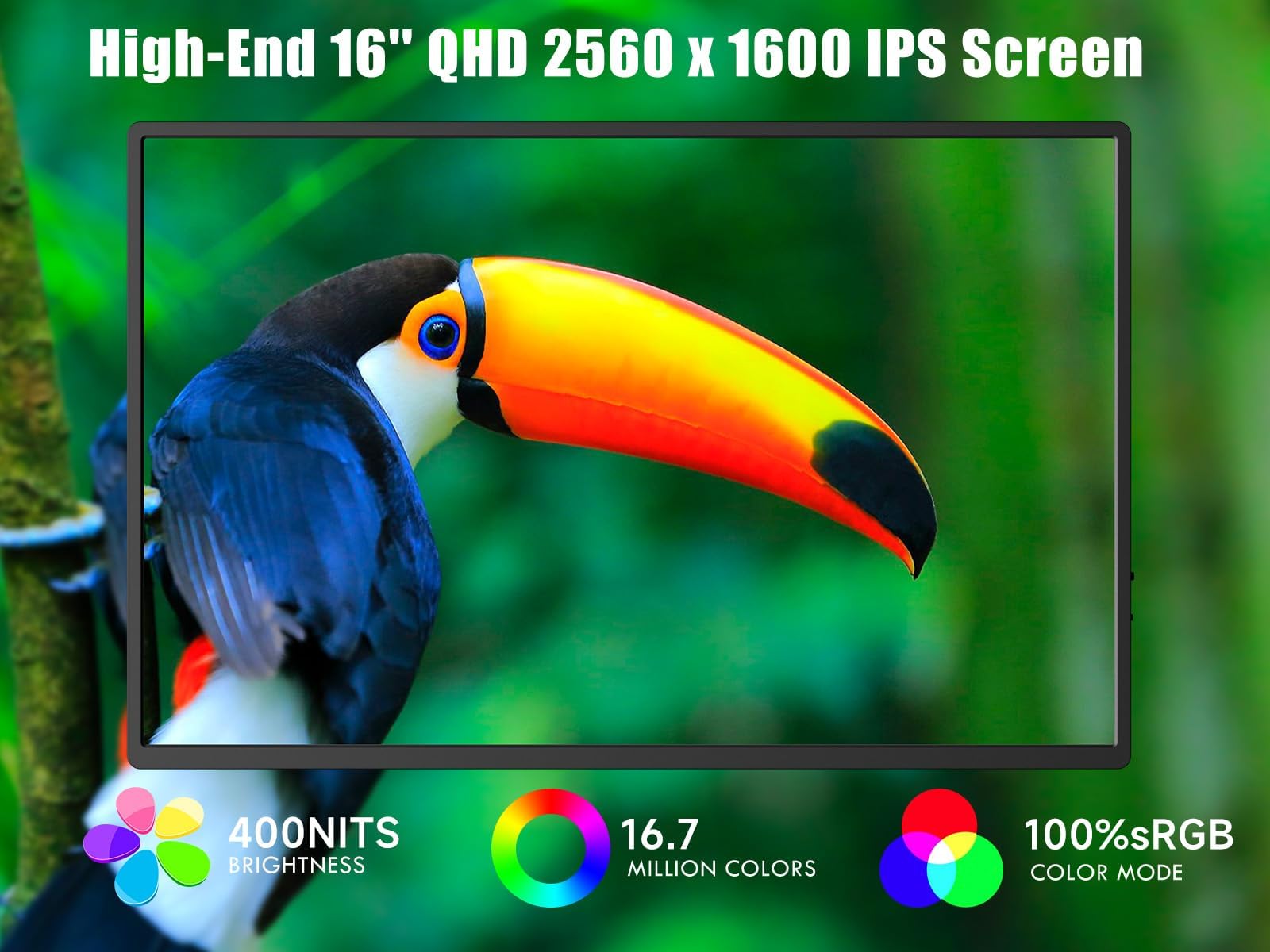 Portable 16 Inch 2.5K QHD Monitor - 2560x1600 Resolution, 120Hz IPS Display, 16:10 Ultra Wide Screen with Dual Speakers - HDMI & USB-C Compatible for Laptop, Mac, Phone, Tablet, PS4, PS5, Switch, Xbox - VESA Mountable | Perfect for Gaming, Work & Entertainment