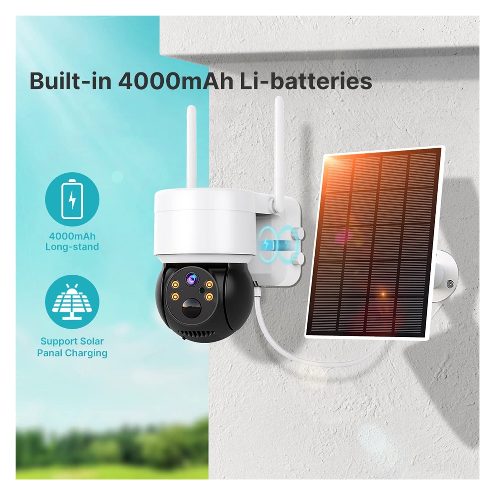 SilteD 2K 4MP Solar Security Camera Outdoor - WiFi PTZ Surveillance with Human Detection, 4000mAh Rechargeable Battery & Solar Panel (No SD Card Needed) - Ideal for Home, Yard, and Business Security Monitoring