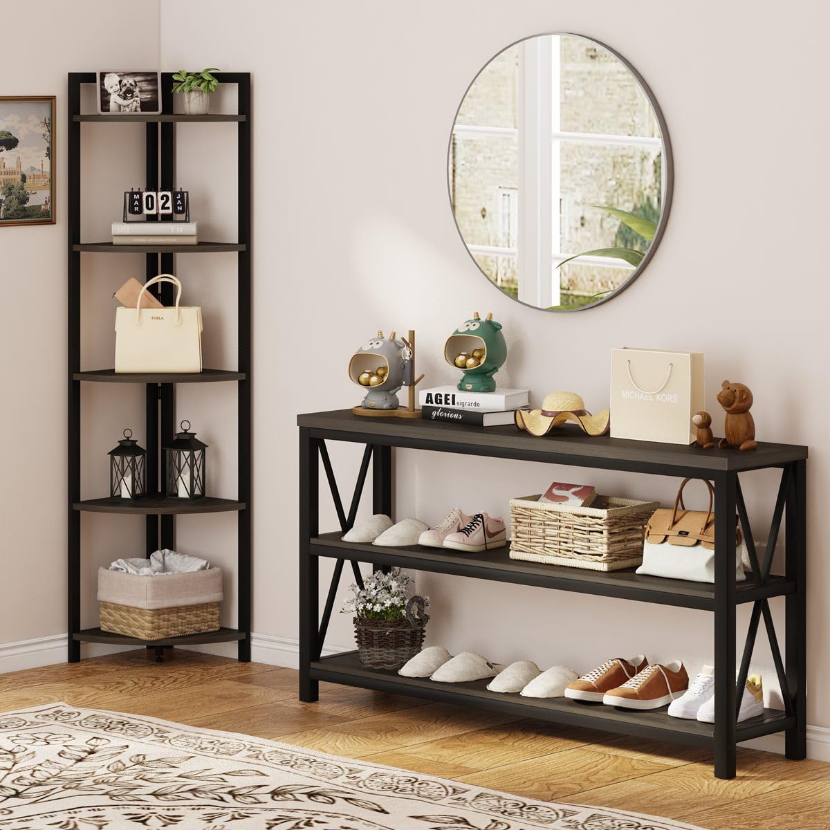 FATORRI 5-Tier Rustic Tall Corner Shelf - Industrial Dark Wood & Metal Bookshelf for Living Room, Home Office - Walnut Brown Corner Plant Stand for Small Spaces & Decor
