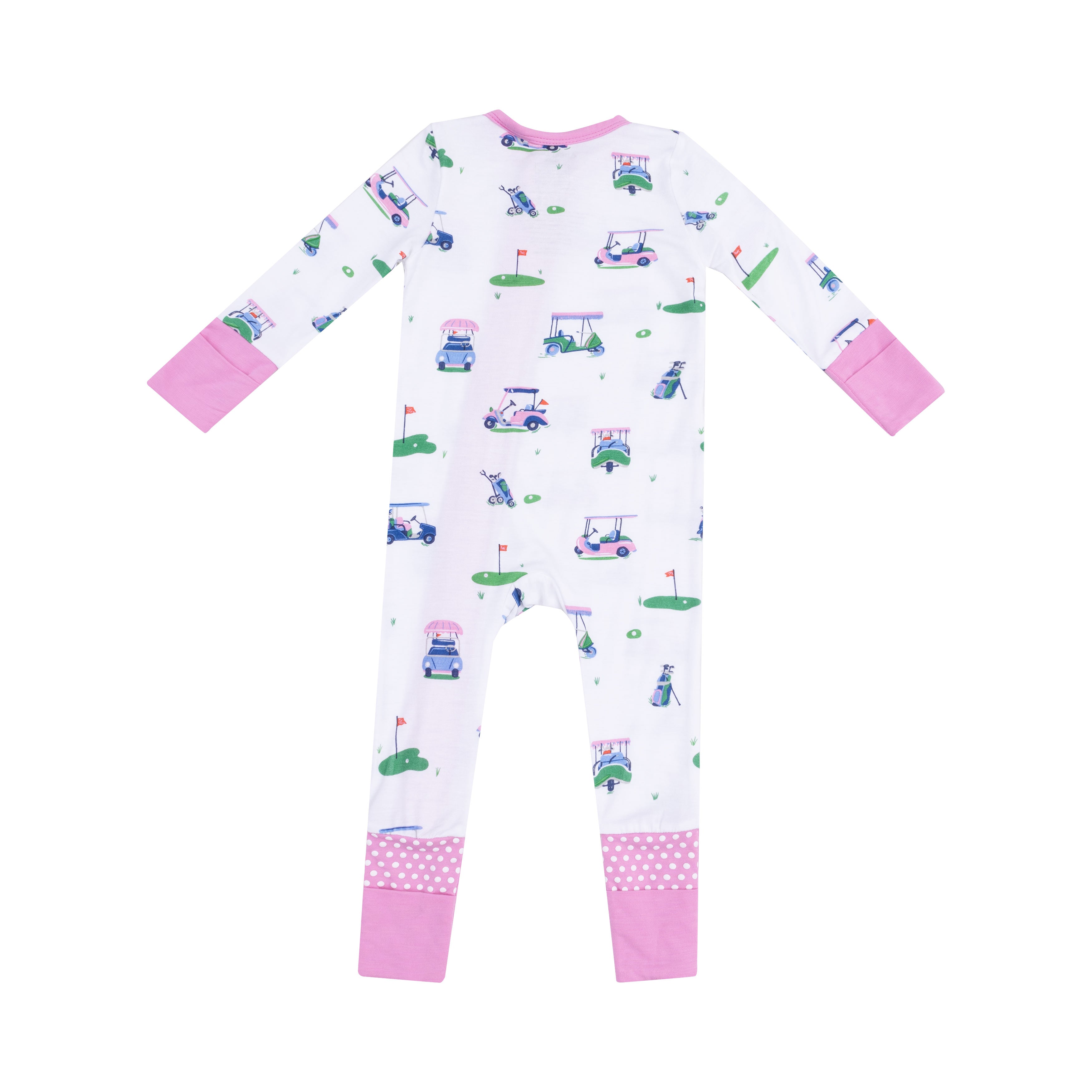 Vintage Pink Golf Cart Print Bamboo 2-Way Zipper Romper Jumpsuit - Casual Outfit for Golf Enthusiasts & Retro Fashion Lovers