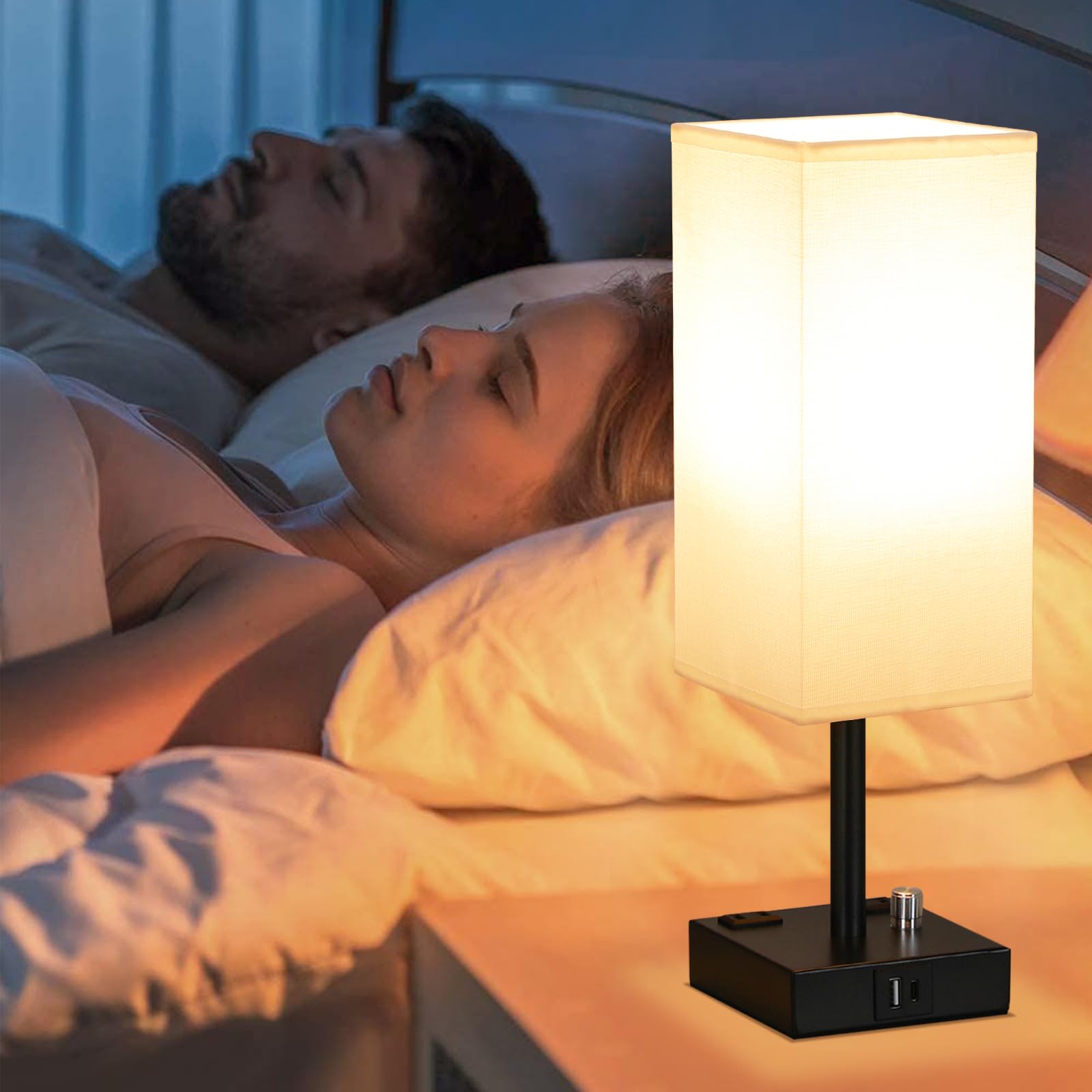 White Fully Dimmable Nightstand Lamps Set of 2 - USB C/A Charging & AC Outlet Table Lamps with Linen Shade for Bedroom, Living Room, Office (Bulb Included) | Modern Lighting for Reading, Working & Nighttime Use