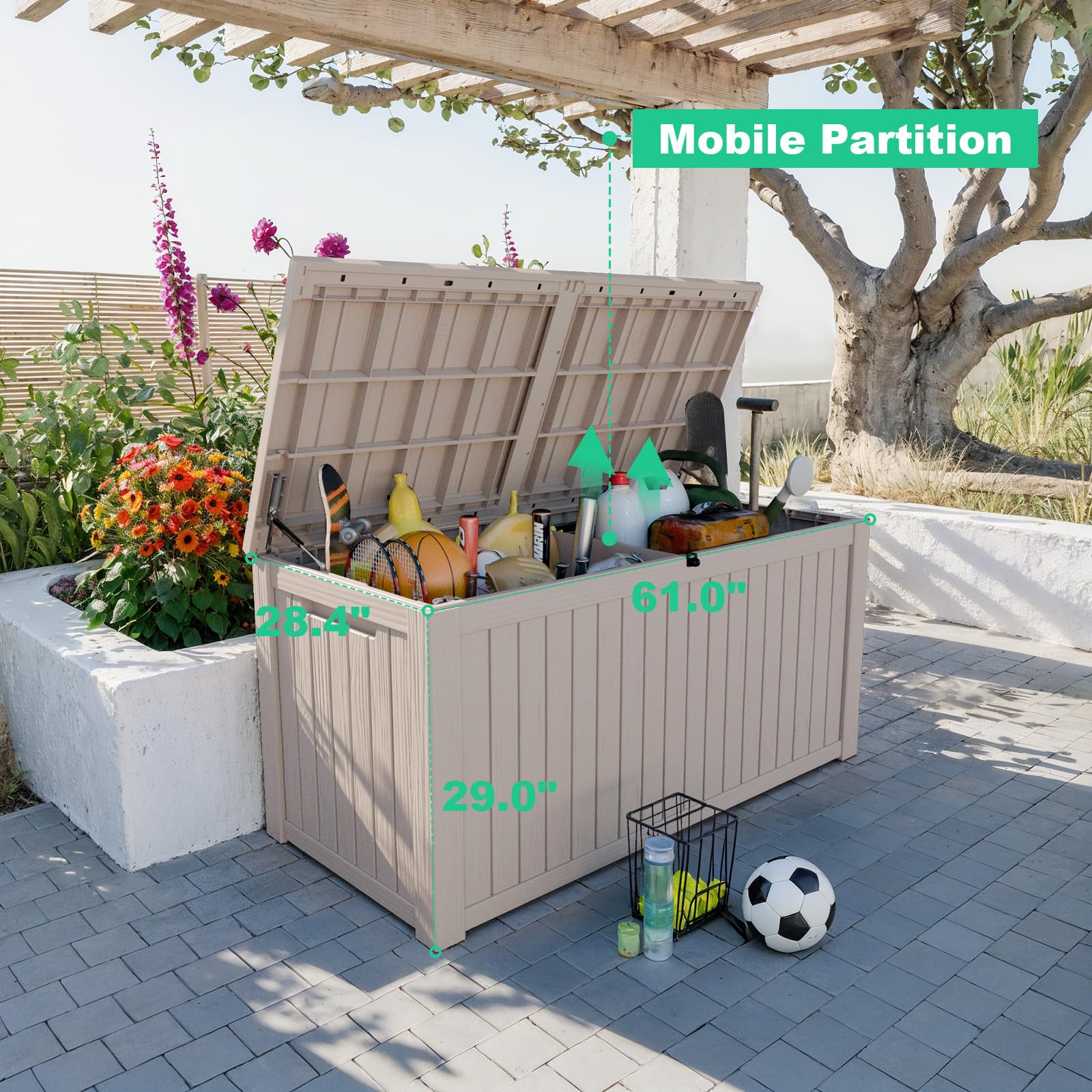 ROJIK 180 Gallon Outdoor Storage Deck Box - Waterproof Patio Furniture Cover, Garden Tool Organizer, Pool Accessories & Cushion Storage Bench with Lockable Lid & Side Handles (Cappuccino) - Perfect for Backyard, Garden, Poolside & Deck Organization