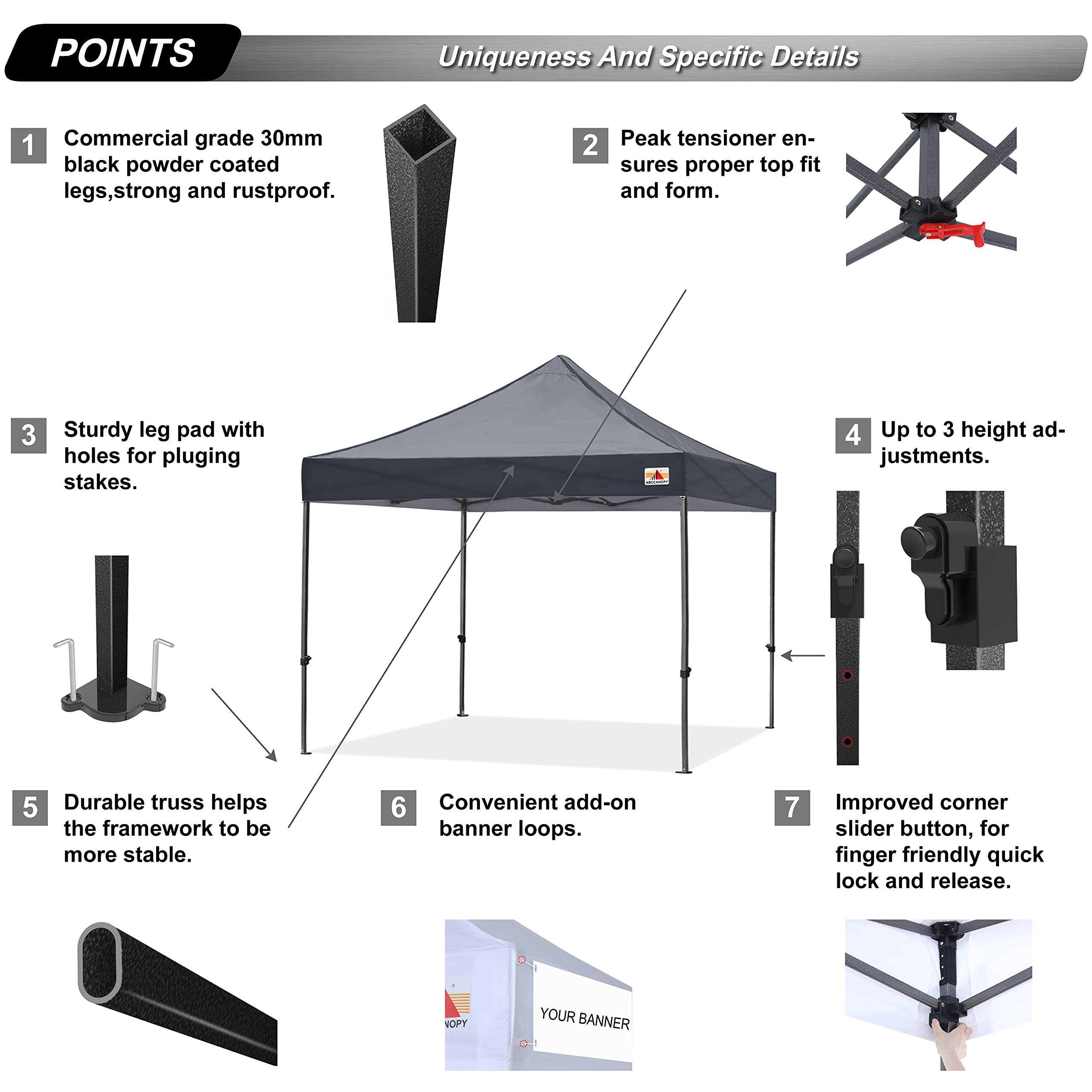 ABCCANOPY 8x8 Commercial-Series Pop Up Canopy Tent - Dark Gray - Perfect for Outdoor Events, Farmers Markets & Backyard Parties