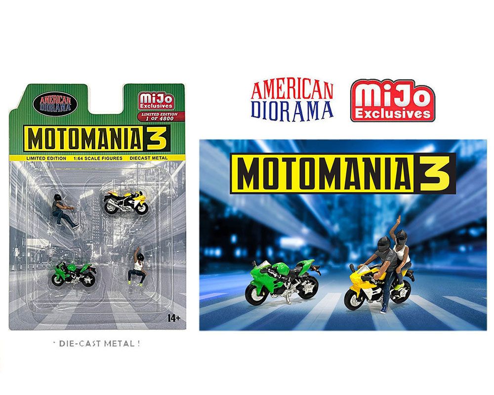 American Diorama 1/64 Scale Motomania 3 Figure Set - MIJO Exclusives Collectible Miniatures for Model Car Displays & Diorama Scenes