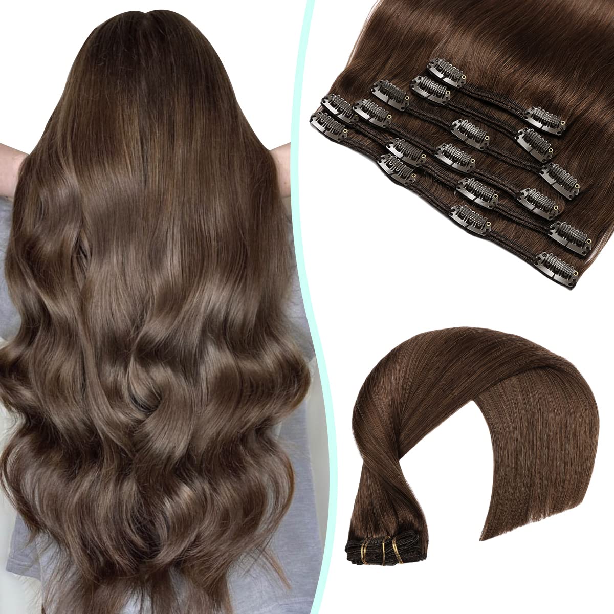 VINBAO 20 Inch Clip in Human Hair Extensions - 6pcs 120g Silky Straight Chocolate Brown (#4) Double Drawn Real Hair for Full Head - Perfect for Volume, Length & Styling for Parties, Weddings & Daily Wear