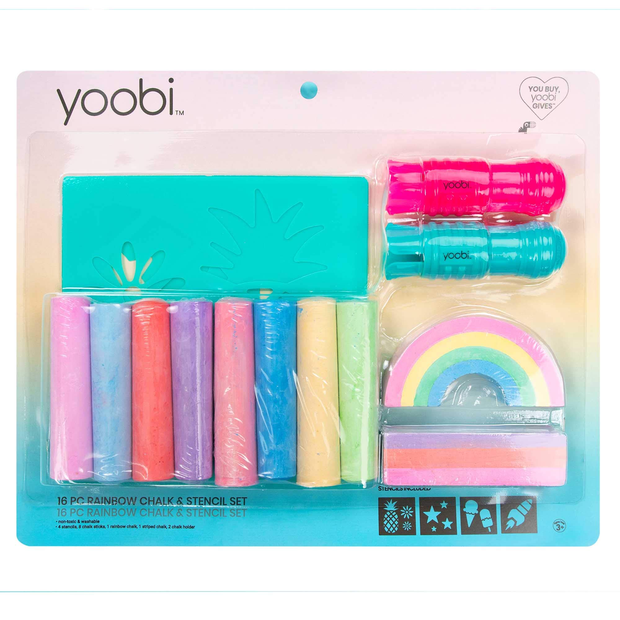 Yoobi Rainbow Sidewalk Chalk and Stencil Set - 16 Piece Non-Toxic Washable Chalk with 2 Holders & 4 Fun Stencils for Kids Outdoor Art Activities | Perfect for Birthday Gifts, Summer Play & Creative Street Drawing