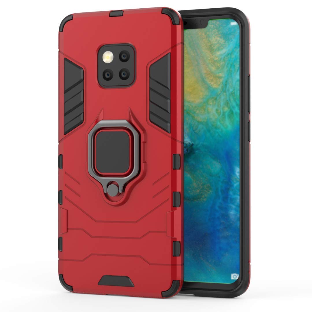 Shockproof Rugged Dual Layer Hard Case with Metal Ring Grip & Kickstand for Huawei Mate 20 Pro - Compatible with Magnetic Car Mount (Red) | Perfect for Outdoor Activities, Daily Protection & Hands-Free Viewing