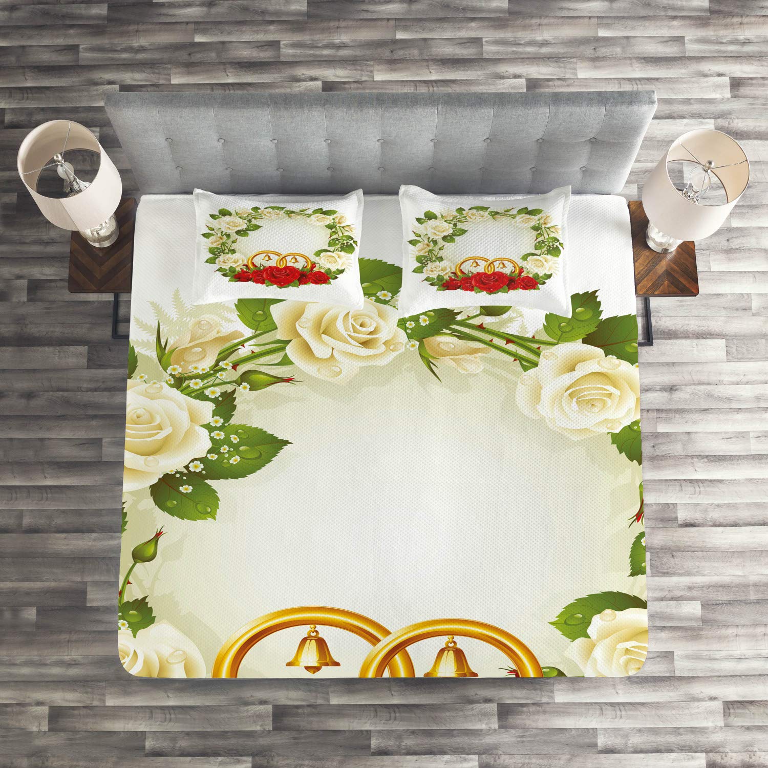 Ambesonne 3-Piece King Size Wedding Quilted Bedspread Set with 2 Pillow Shams - White, Red & Green Rose Floral Design with Wedding Rings for Romantic Bedroom Decor | Perfect for Anniversary Gifts, Honeymoon Suite & Master Bedroom