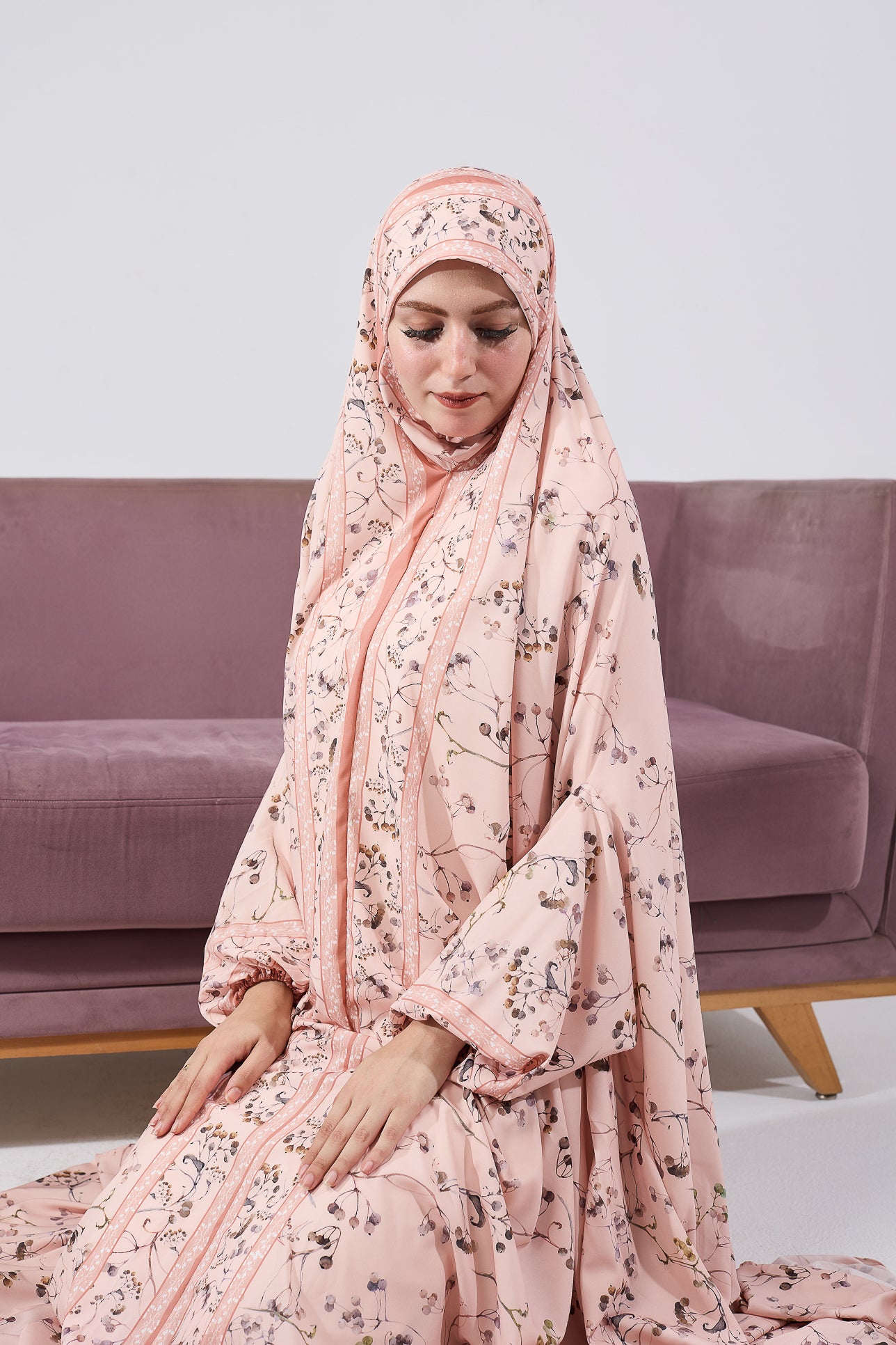 Nouria Satin Floral Prayer Gown - Elegant Floral Print Islamic Prayer Dress with Elastic Cuffs for Women - Perfect for Salah, Ramadan, Eid and Home Worship