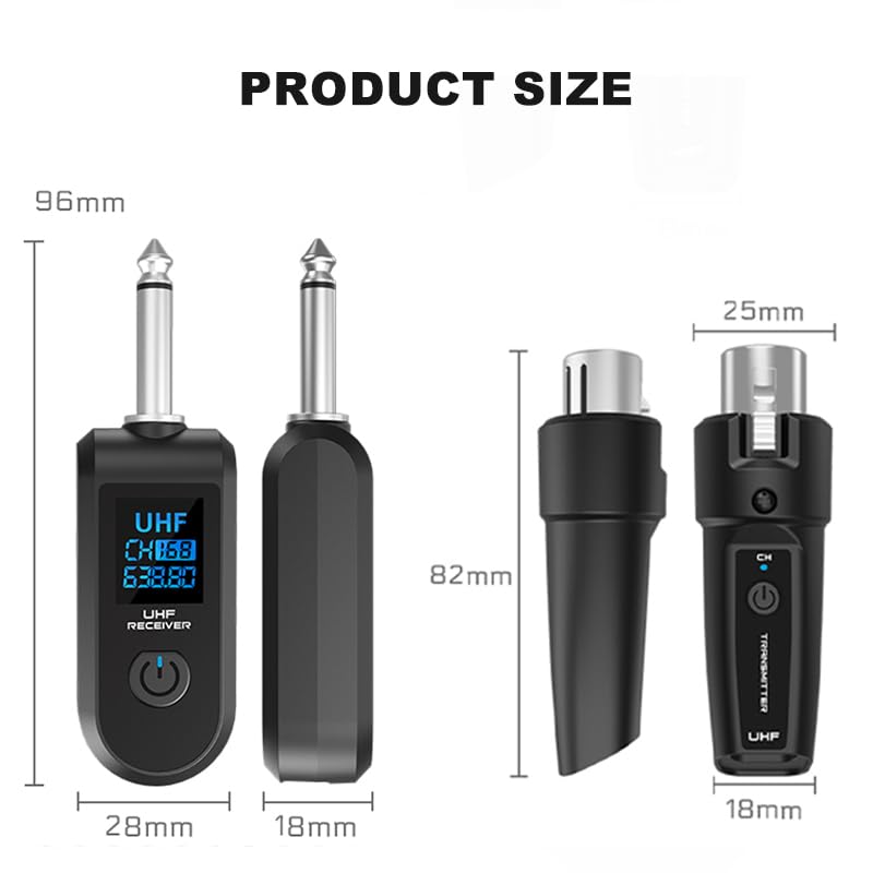 2.4Ghz Wireless Microphone System with XLR - Rechargeable Transmitter & Receiver for Dynamic Mics, Audio Mixers, Electric Guitar & Bass (1 Receiver + 2 Transmitters) - Perfect for Live Performances, Studio Recording & Public Speaking