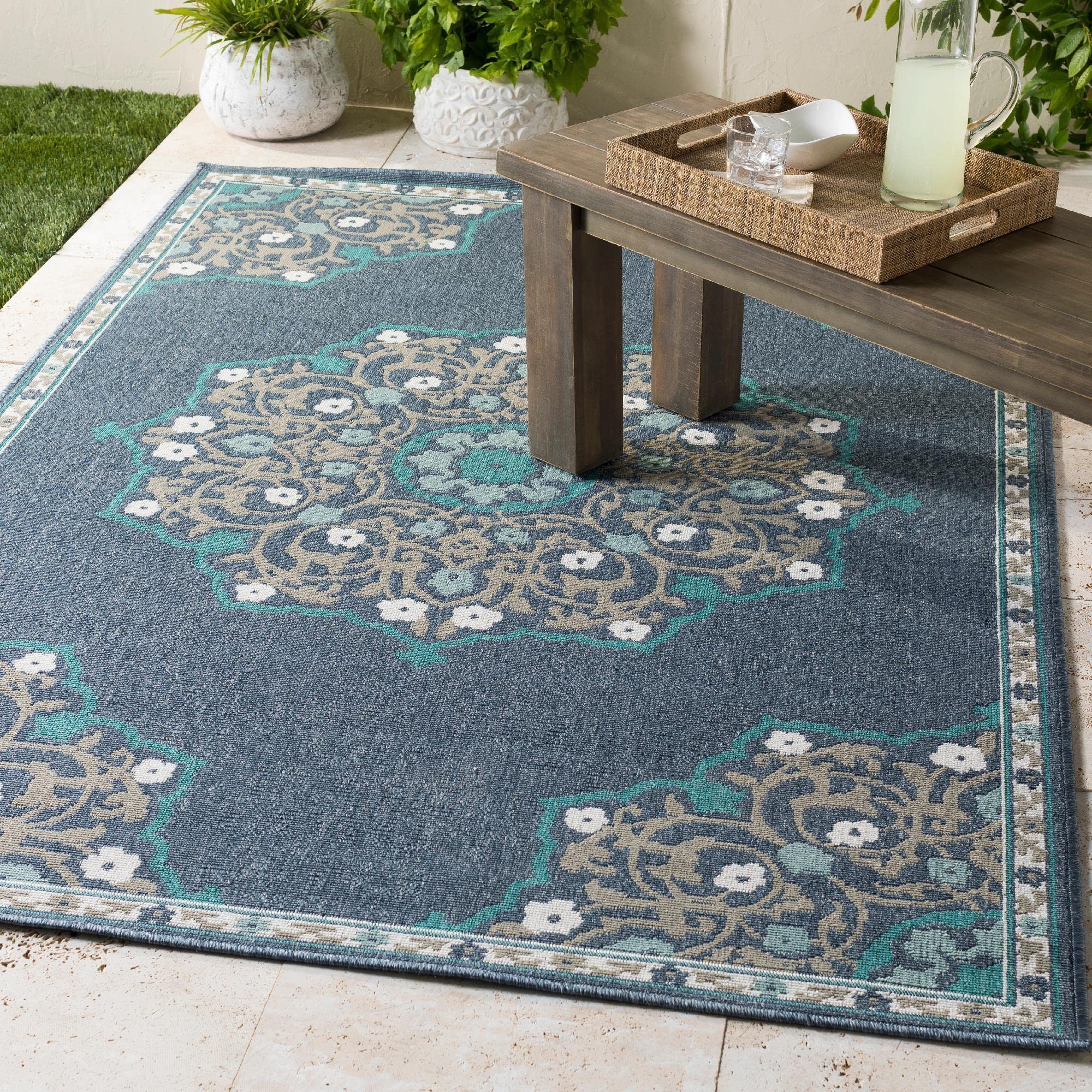 Mark&Day 7ft Round Balcarres Charcoal Area Rug - Indoor/Outdoor Living Room, Bedroom, Kitchen Carpet in Blue, White & Gray (7'3