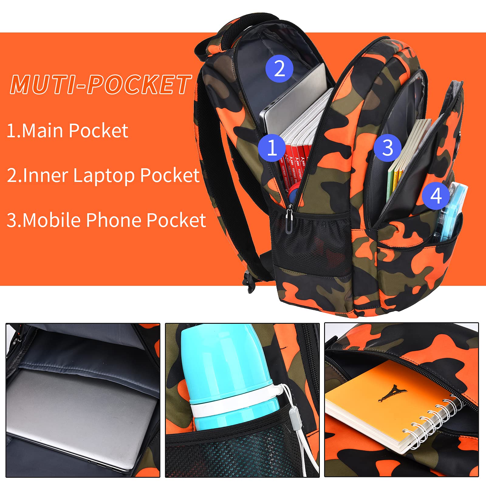 CY Camo Orange Backpack for School, Travel & Outdoor - Christmas Gift for Kids