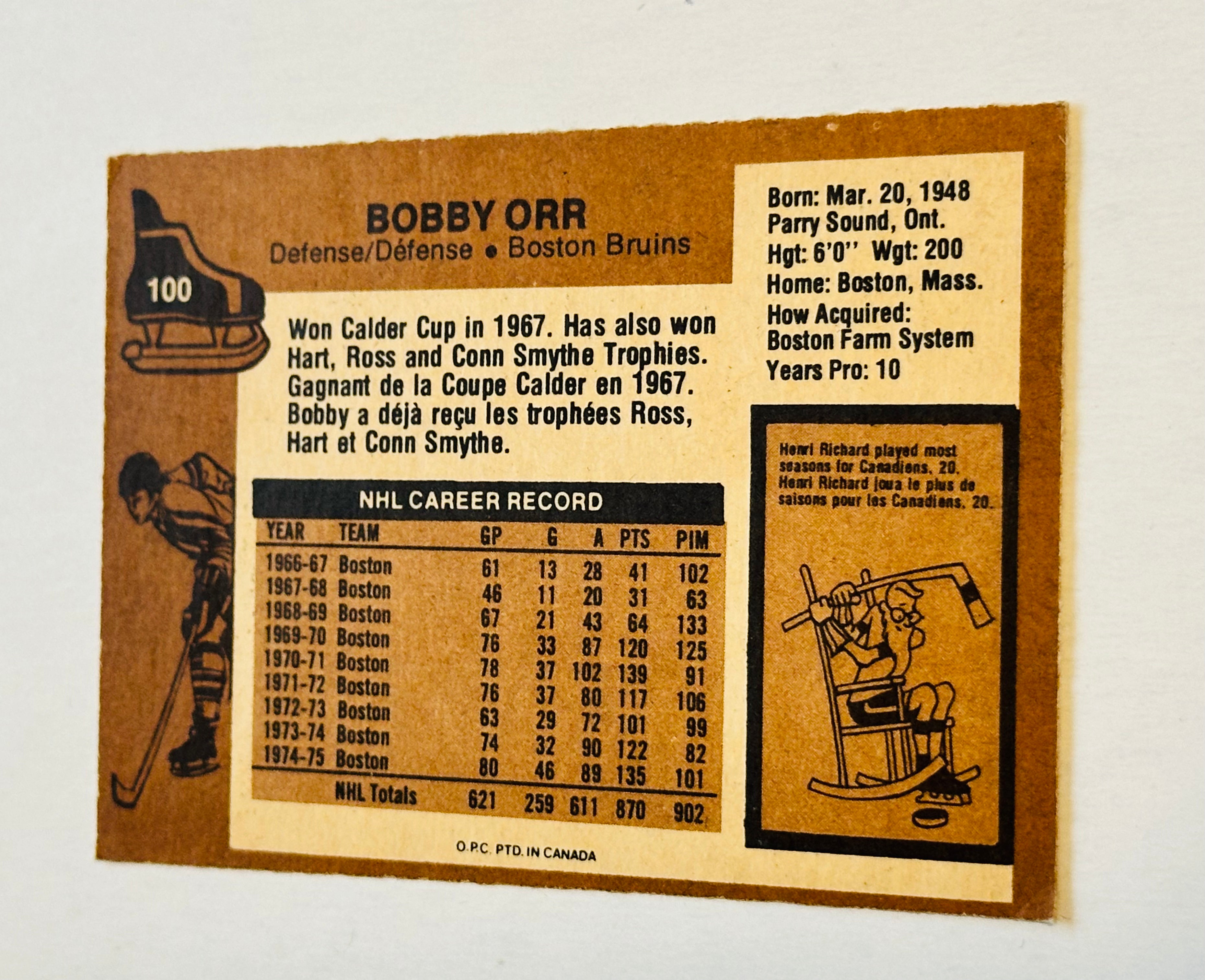 Vintage 1975-76 Bobby Orr OPC Hockey Card - Authentic Collectible for NHL Fans & Sports Memorabilia Enthusiasts - Perfect for Display, Trading, and Investment