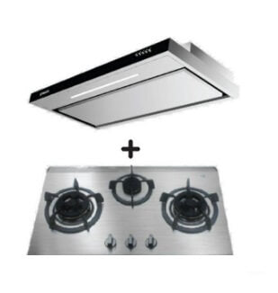 Ellane EH 2990 90cm Stainless Steel Slim Range Hood & EB 338SV 76cm 3-Burner Gas Cooktop - Modern Kitchen Ventilation & Cooking Solution for Home Chefs