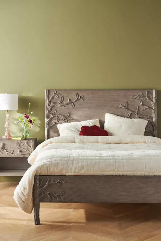 Hand Carved Wooden Bed with Ornithology Floral Design Headboard - Natural Color Solid Wood Bed Frame for Master Bedroom, Guest Room & Farmhouse Decor