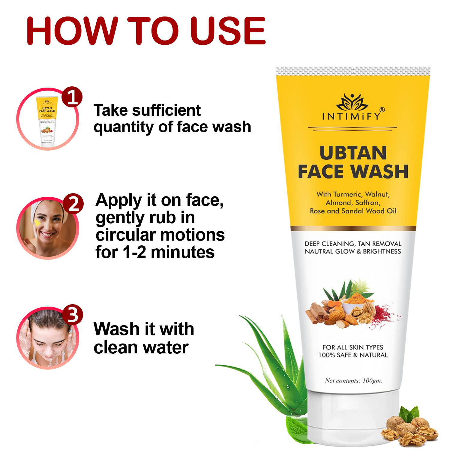 INTIMIFY Ubtan Foaming Face Wash for Tan Removal & Skin Brightening - Saffron, Turmeric & Almond Oil Facial Cleanser for Dry & Oily Skin - Whitening & Deep Cleansing for Women & Men - 100g (Pack of 1) - Perfect for Daily Skincare Routine & Post-Sun Care
