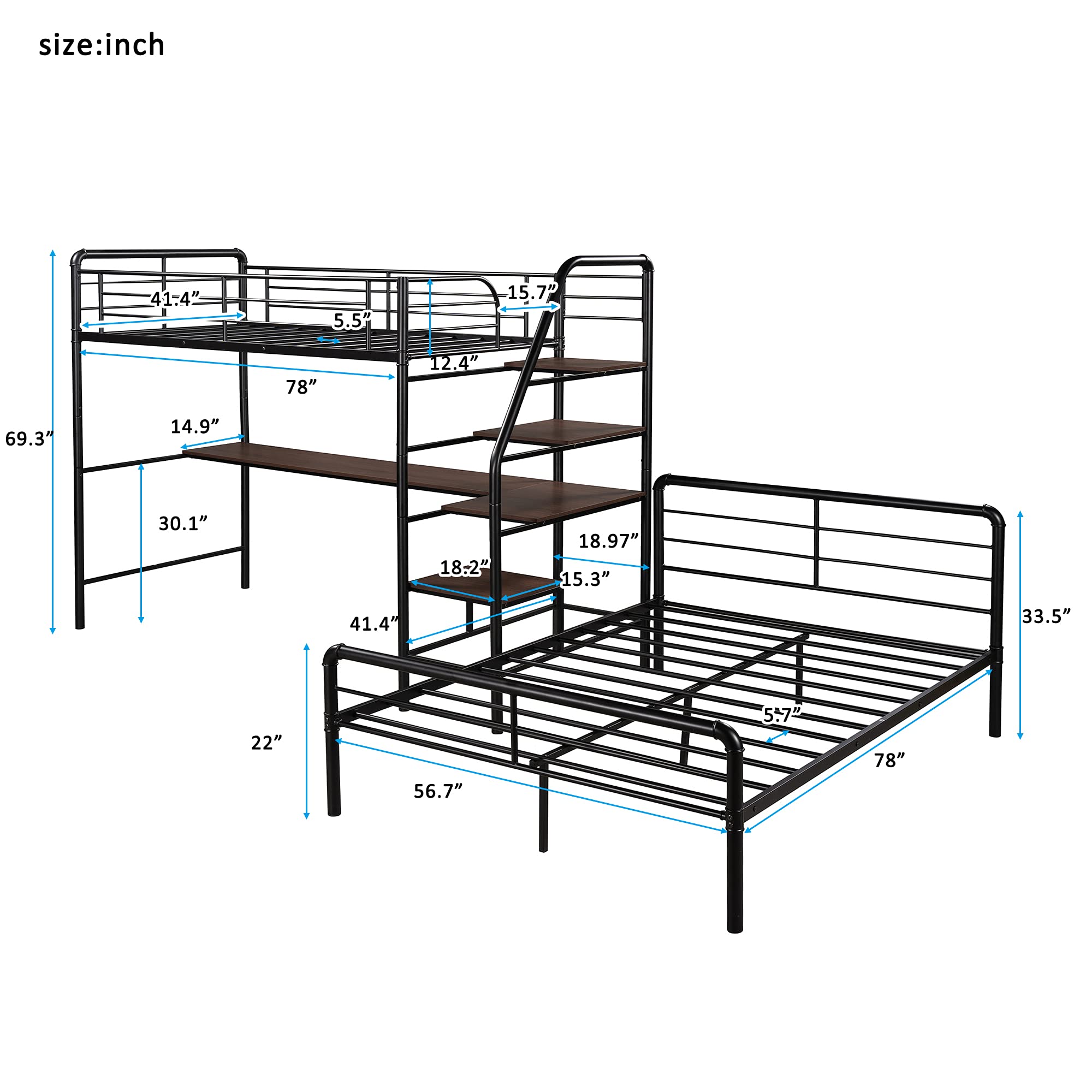 Twin Over Full Loft Bed Frame with Desk & Ladder - Sturdy Black Metal Bunk Bed for Teenagers - Space-Saving Bedroom Furniture for Small Rooms & Shared Kids' Rooms - Perfect for Dorms, Apartments & Multi-Child Families