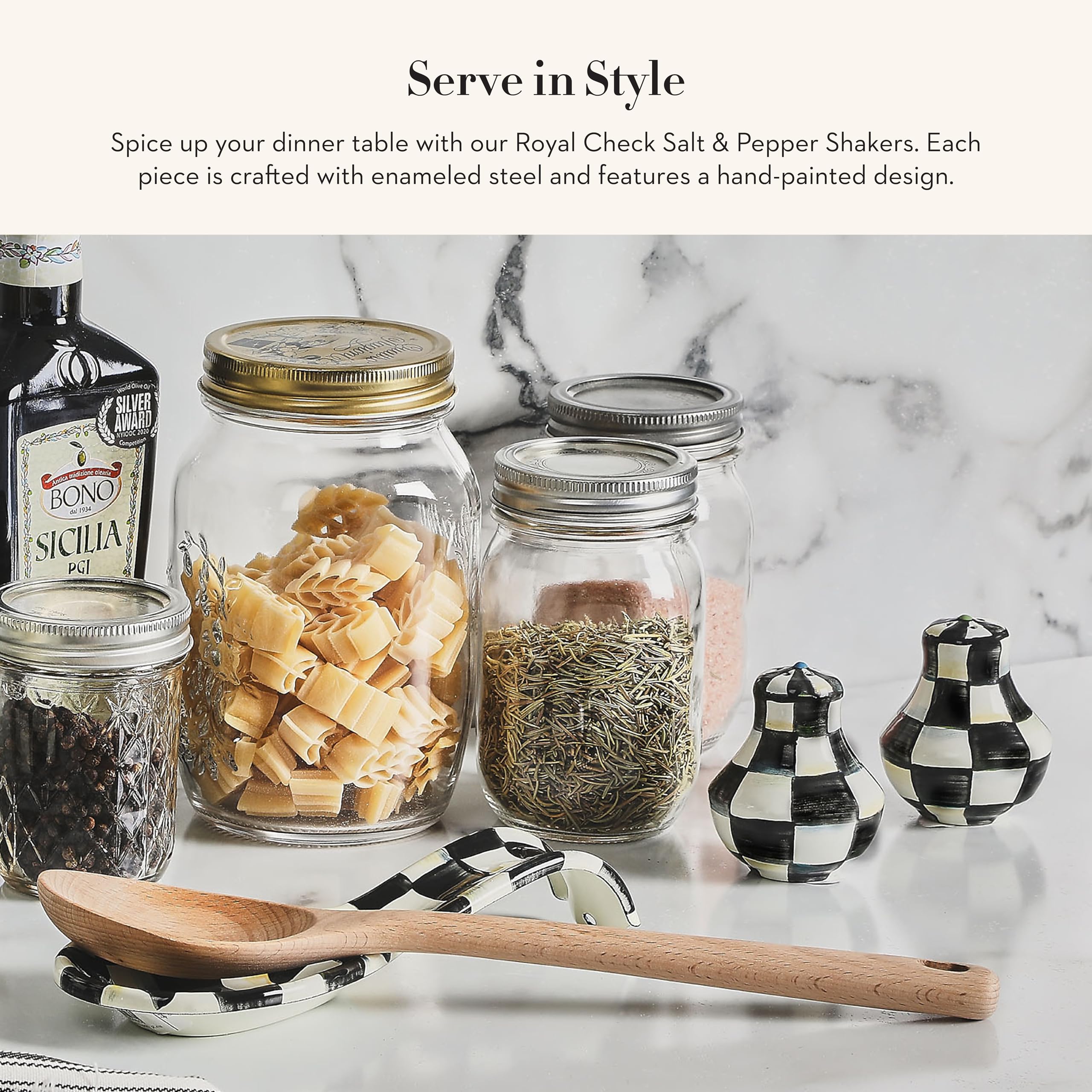 MACKENZIE-CHILDS Enamel Salt and Pepper Shakers Set - Classic Black and White Courtly Check Design - Perfect for Kitchen, Dining Table & Spice Organization - Ideal for Home, Restaurant & Gift Giving