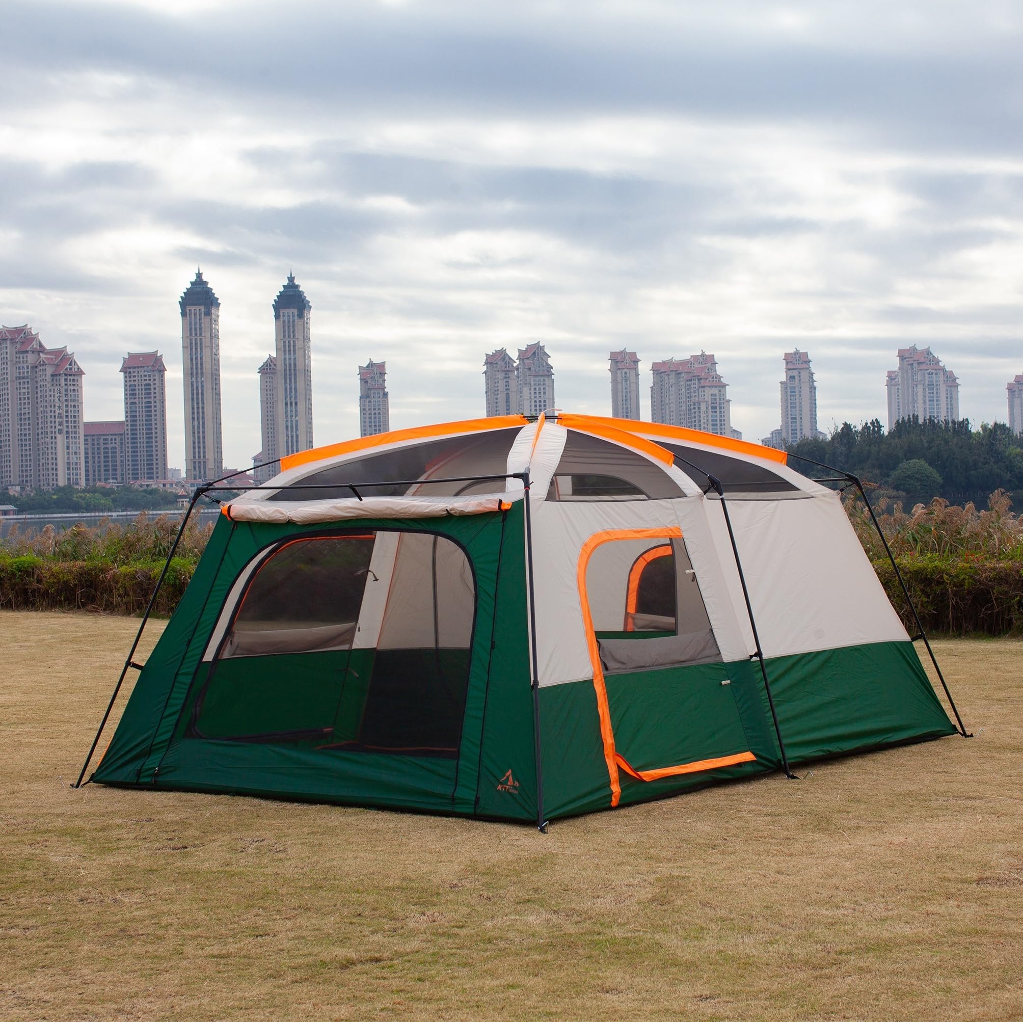 KTT Extra Large Family Cabin Tent for 10-12-14 People (Style-B) - 2 Rooms, 3 Doors & 3 Windows with Mesh, Straight Wall Design, Waterproof Double Layer - Perfect for Camping, Picnics, Outdoor Adventures & Family Gatherings