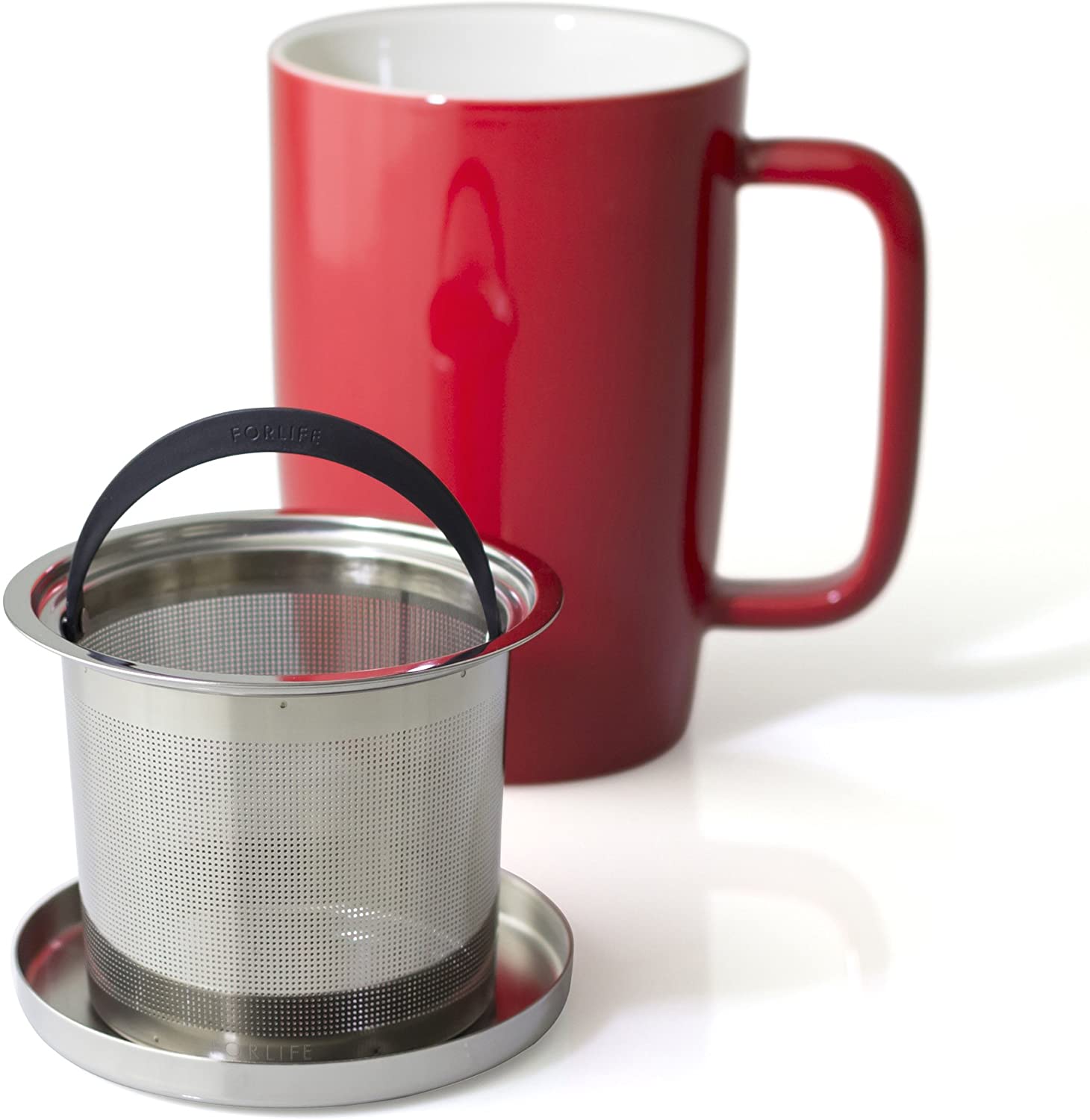 FORLIFE Dew Glossy Finish Tea Infuser Mug with Removable Basket & Mirror Stainless Steel Lid - 18oz Red - Perfect for Loose Leaf Tea Brewing at Home, Office or Gifts