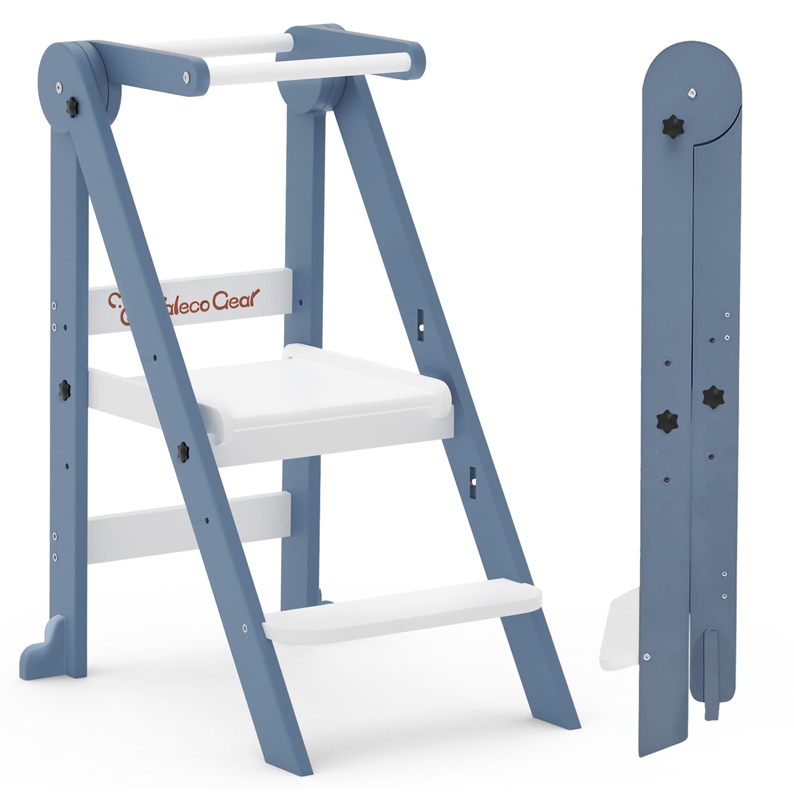 **Taleco Gear Foldable Toddler Kitchen Step Stool Helper - Adjustable Height Wooden Learning Tower for Kids - Safe Collapsible Step Stool for Kitchen, Bathroom & Playroom - Perfect for Cooking, Brushing Teeth & Playtime**