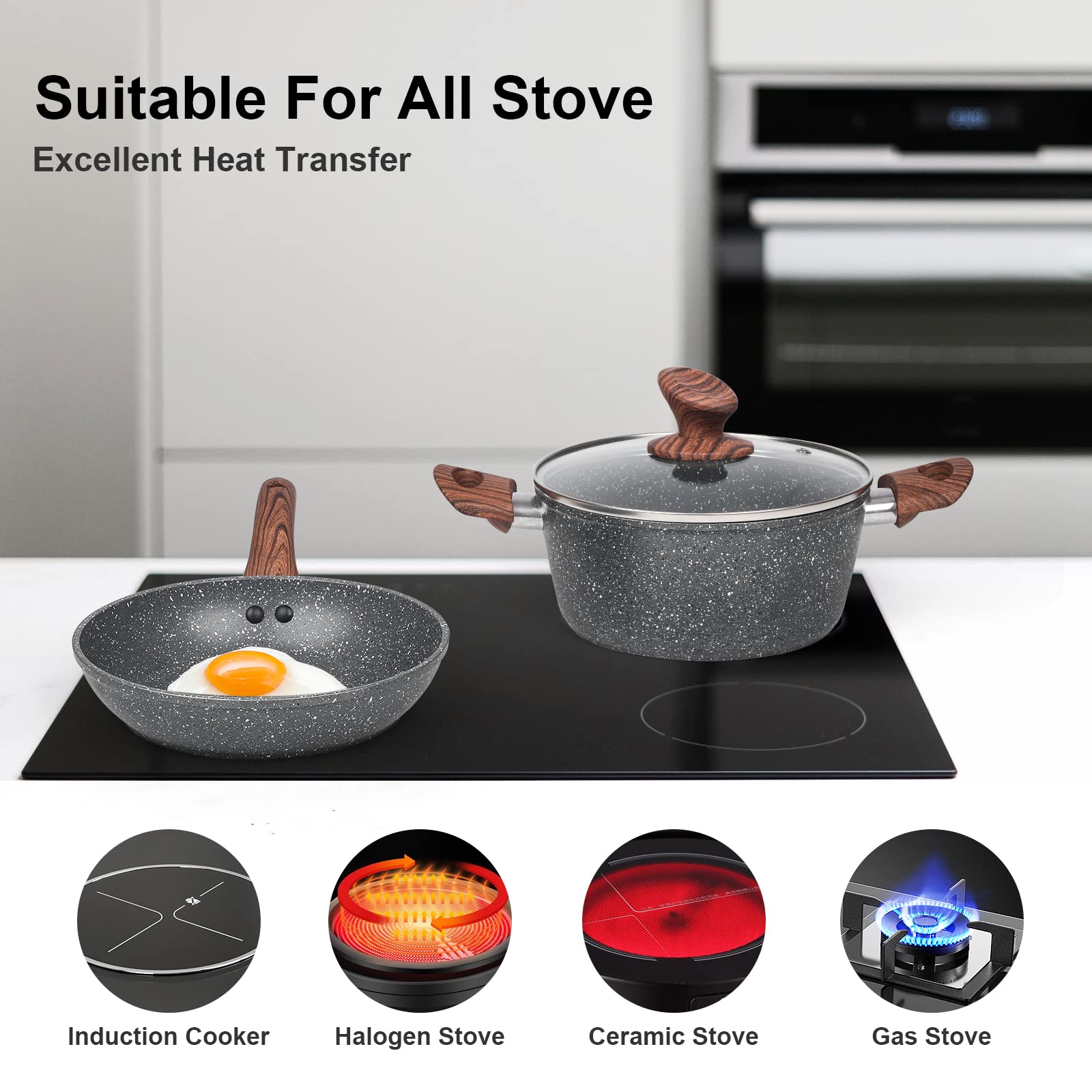 Premium 11-Piece Granite Nonstick Cookware Set - Frying Pan, Sauce Pan, Stockpot with Stay-Cool Handles - Gas & Induction Compatible, PFOA-Free - Perfect for Home Cooking, Professional Kitchens & Everyday Meal Prep