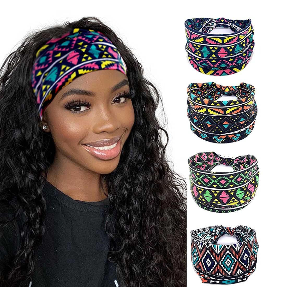 Boho Wide Turban Headbands for Women - 3 Pack Floral Print Yoga Head Wraps with Red Knot Elastics - Perfect for Workouts, Running, and Fashion Accessories (Floral 7)