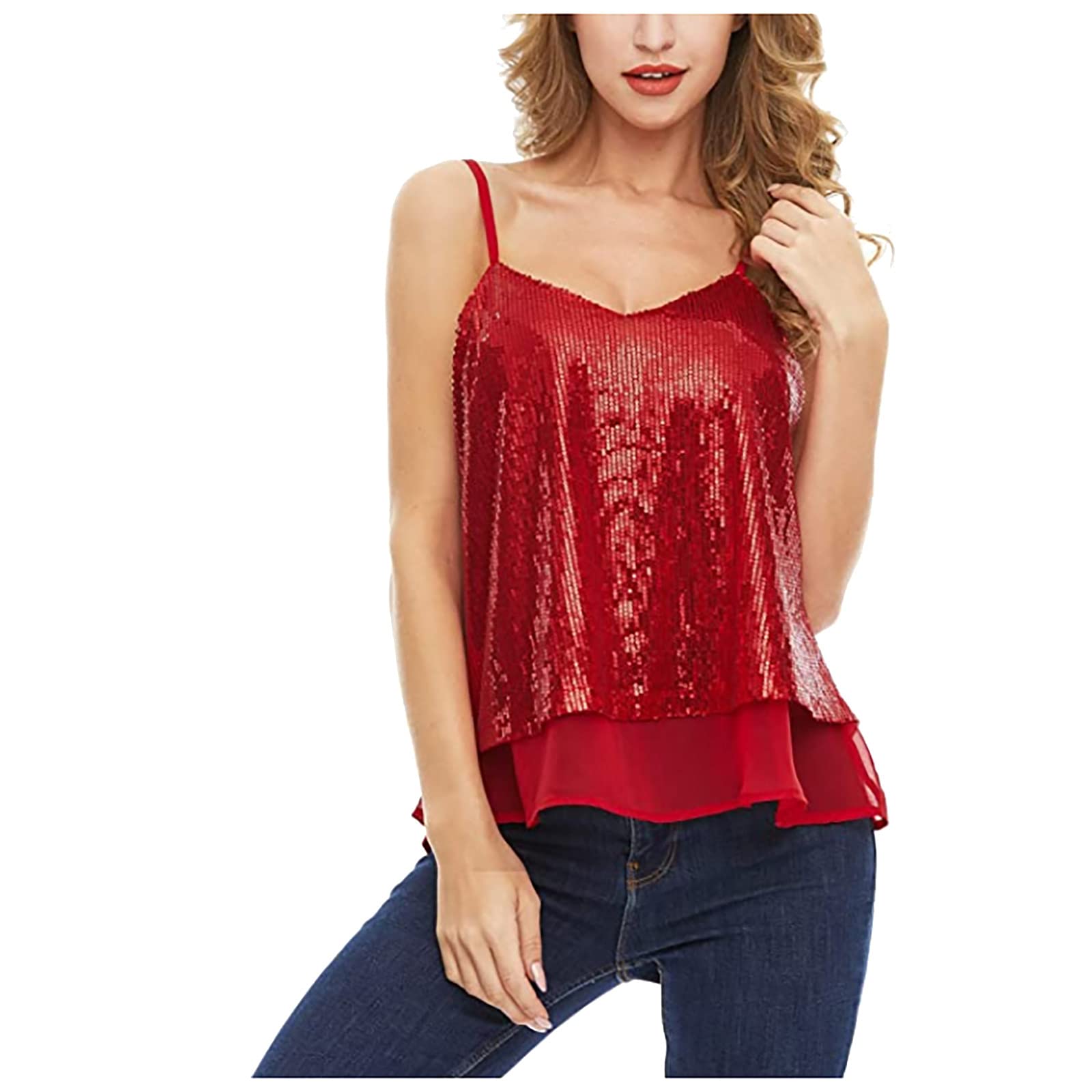 BISXOTY Women's V-Neck Sequin Camisole T-Shirt - Casual Cute Summer Tank Top for Workout, Party & Dressy Everyday Wear