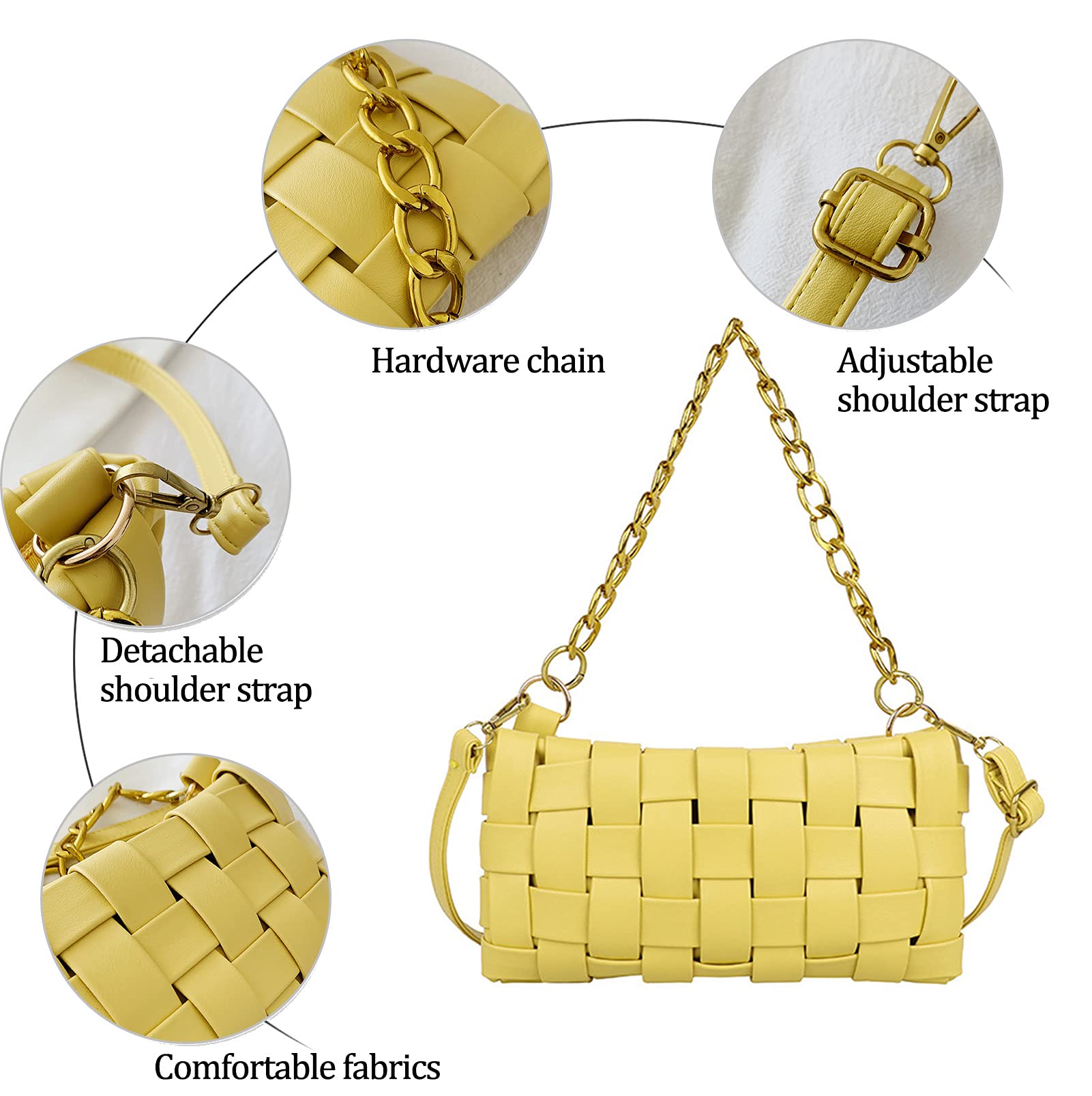 Women's Braided Shoulder Bag - Woven Crossbody Purse with Chain & 2 Removable Straps | Stylish Satchel Clutch for Casual Outings, Travel & Everyday Use