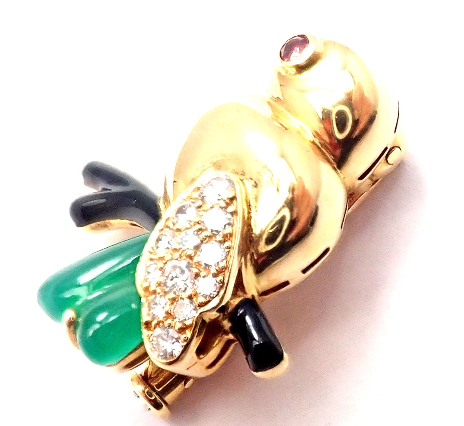 Authentic Cartier 18K Yellow Gold Diamond Onyx Ruby Chalcedony Bird Pin Brooch - Luxury Vintage Jewelry for Women, Perfect for Special Occasions & Gift Giving