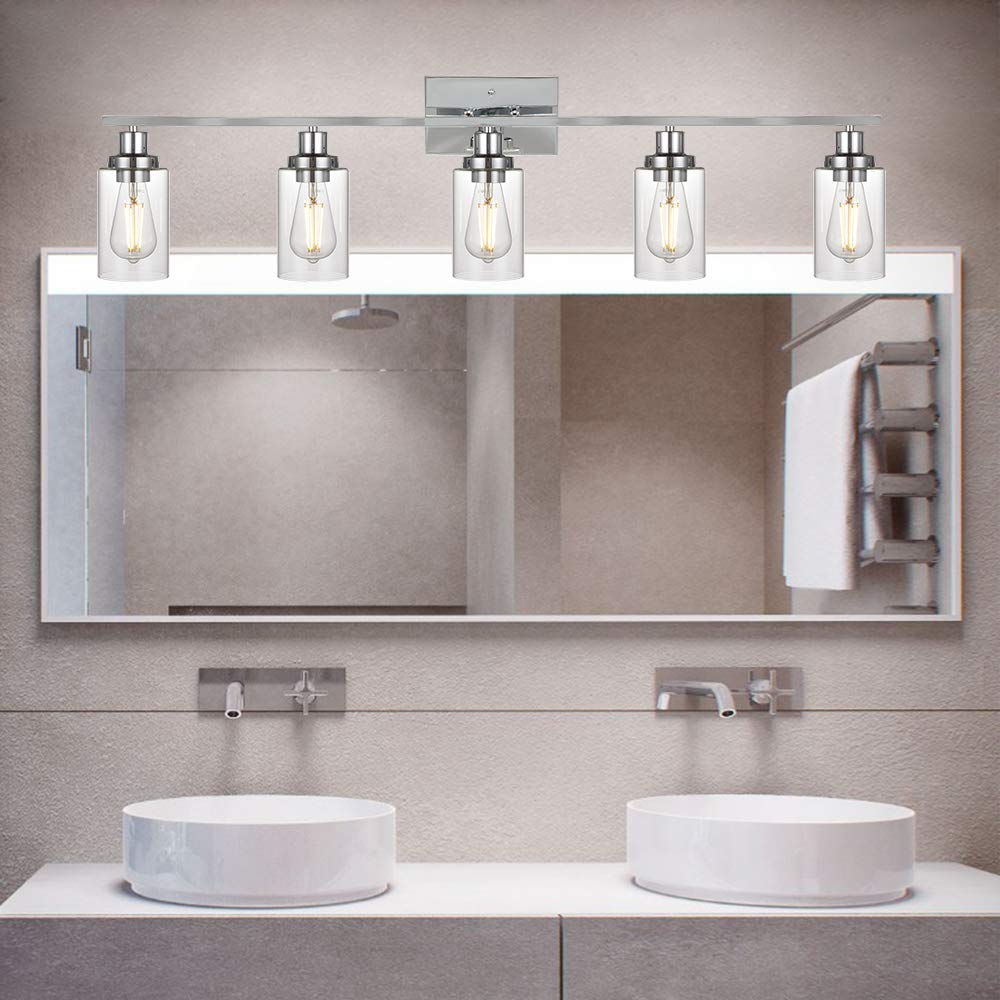 MELUCEE Modern 5-Light Bathroom Vanity Lighting Set - Chrome Finish with Clear Glass Shade, Contemporary Wall Mounted Mirror Lights for Dressing Table & Cabinet - Perfect for Bathroom Makeup Area, Spa Style Decor (Patent: US D963914 S)
