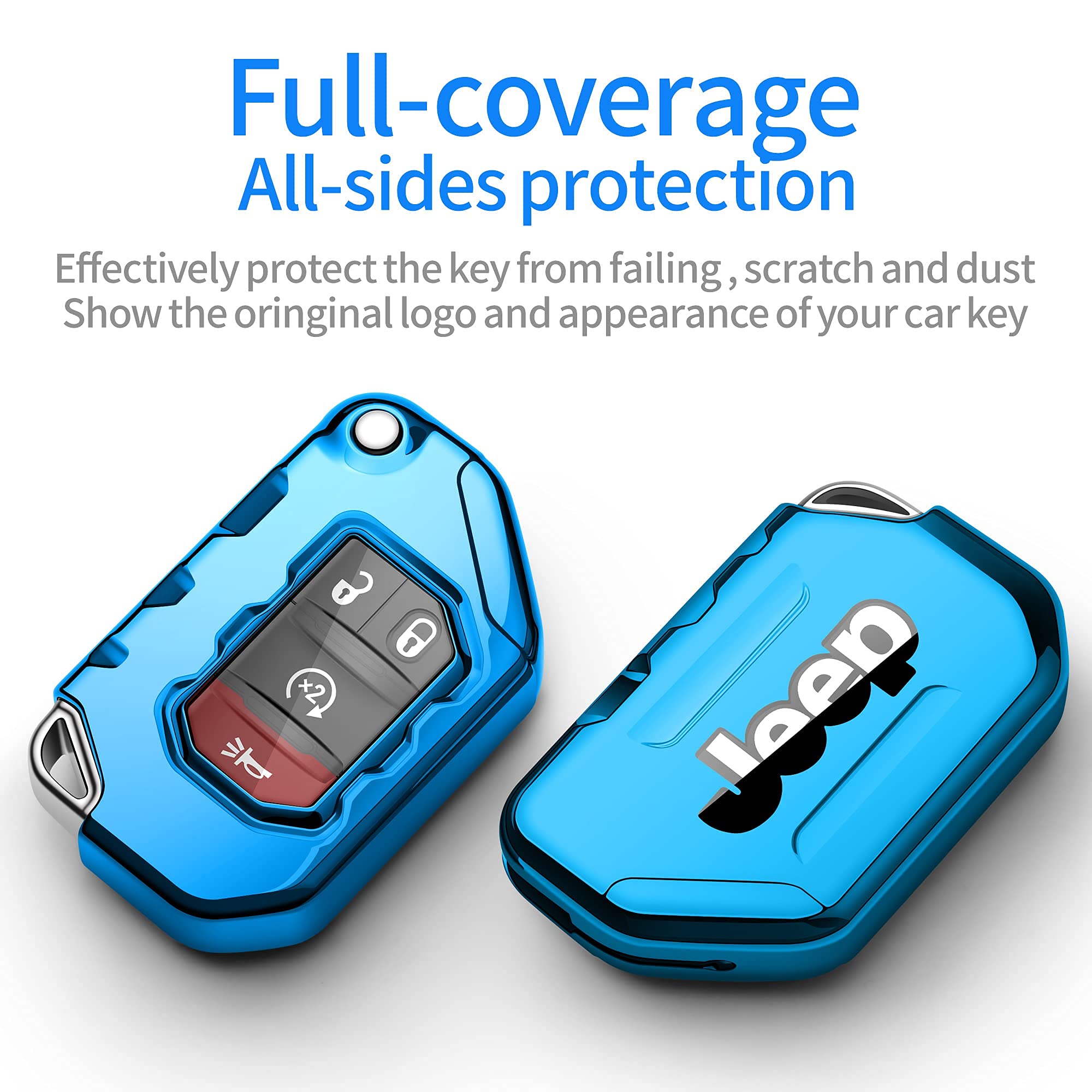 Premium Soft Full Protection Key Fob Cover for Jeep Wrangler JL/JLU & Gladiator JT (2018-2023) - Compatible with Sahara, Rubicon Models - Durable Key Shell Case (Blue) - Perfect for Off-Road Adventures & Daily Protection