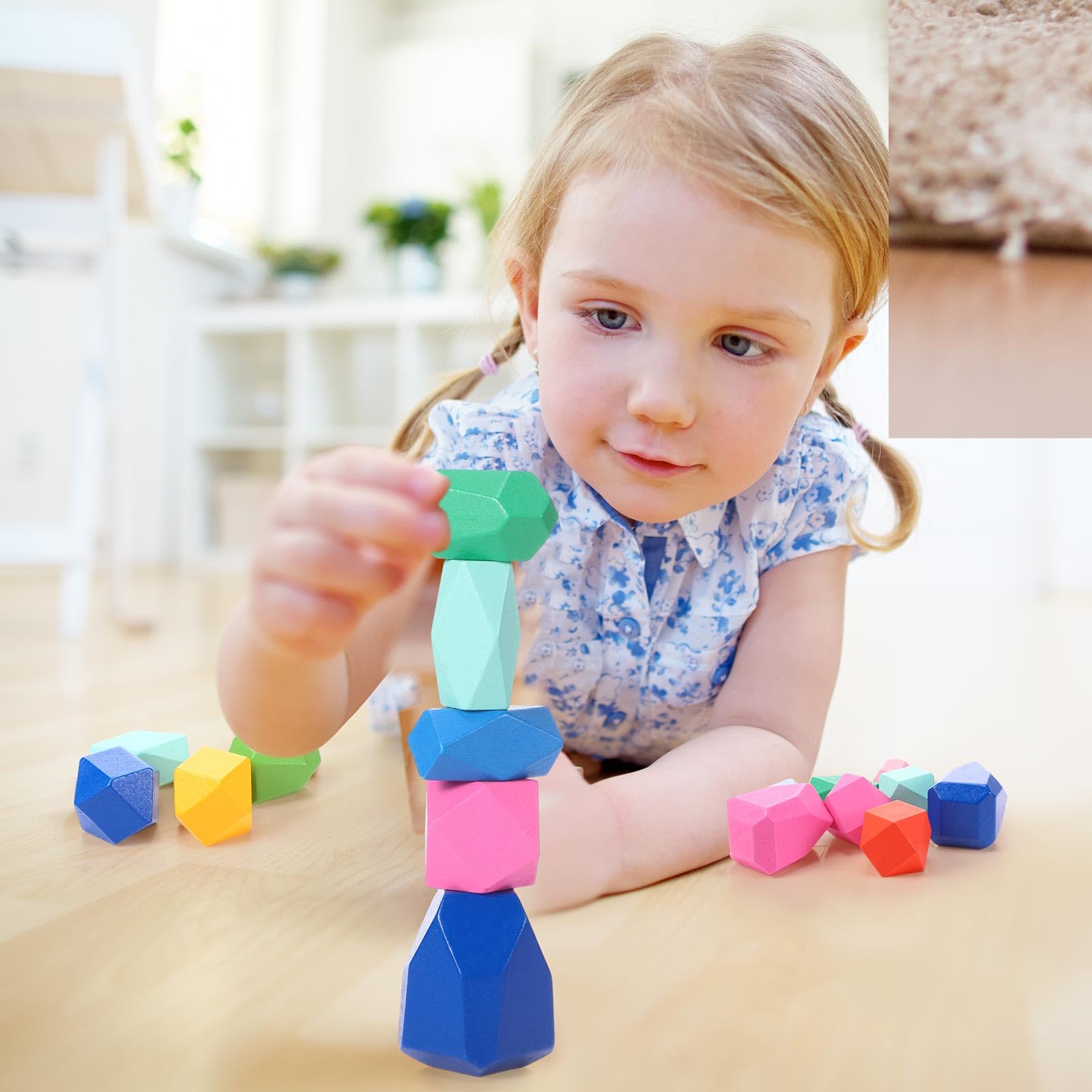 Jenaai 60pcs Wooden Stacking Rocks - Montessori Toys for Toddlers 1+ | Sensory Learning & Easter Gifts
