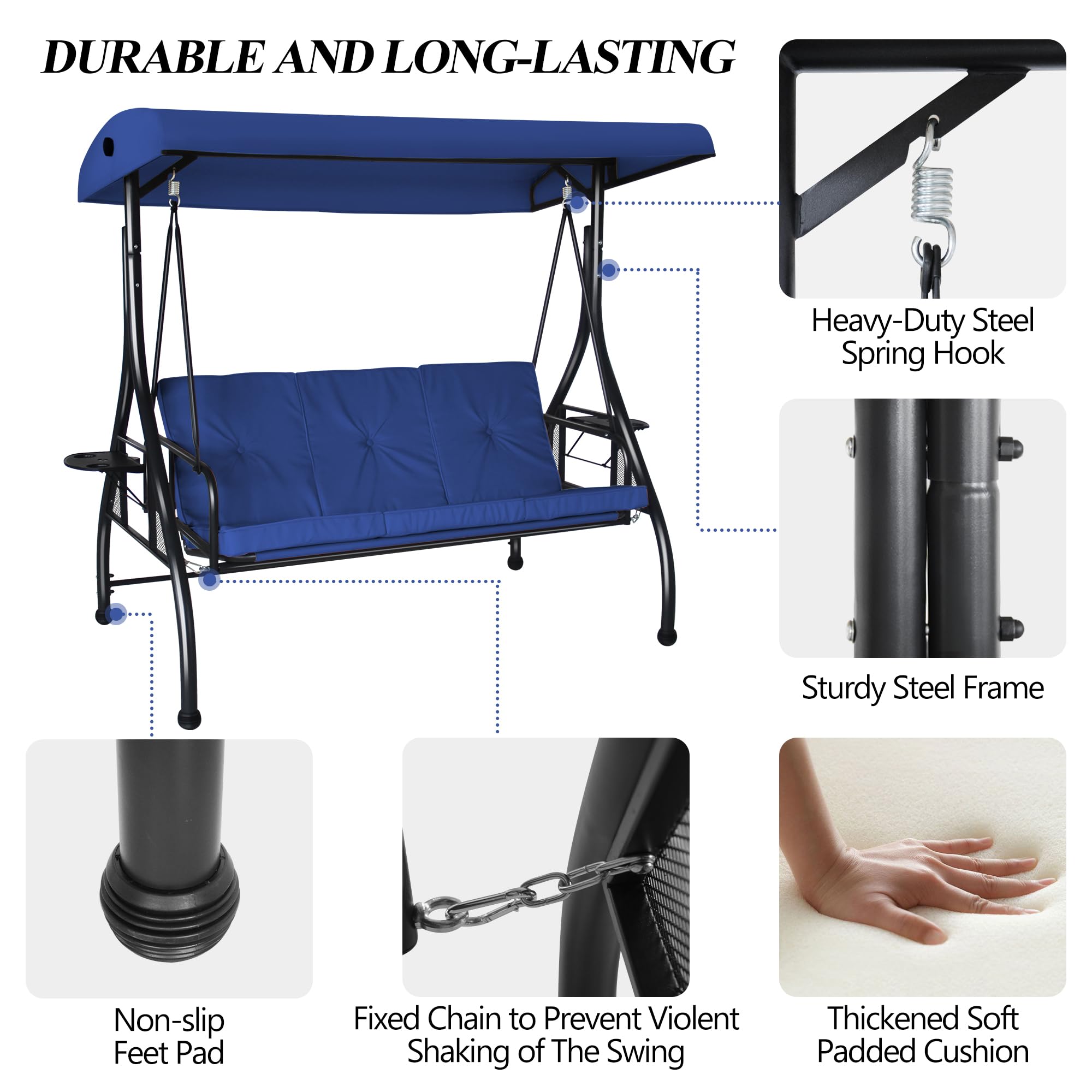 COVERONICS 3-Seat Outdoor Porch Swing with Convertible Canopy - Adjustable Shade & Removable Cushions - Navy Blue Patio Lounge Chair for Deck, Backyard, Poolside - Perfect for Relaxing, Sunbathing & Outdoor Entertaining