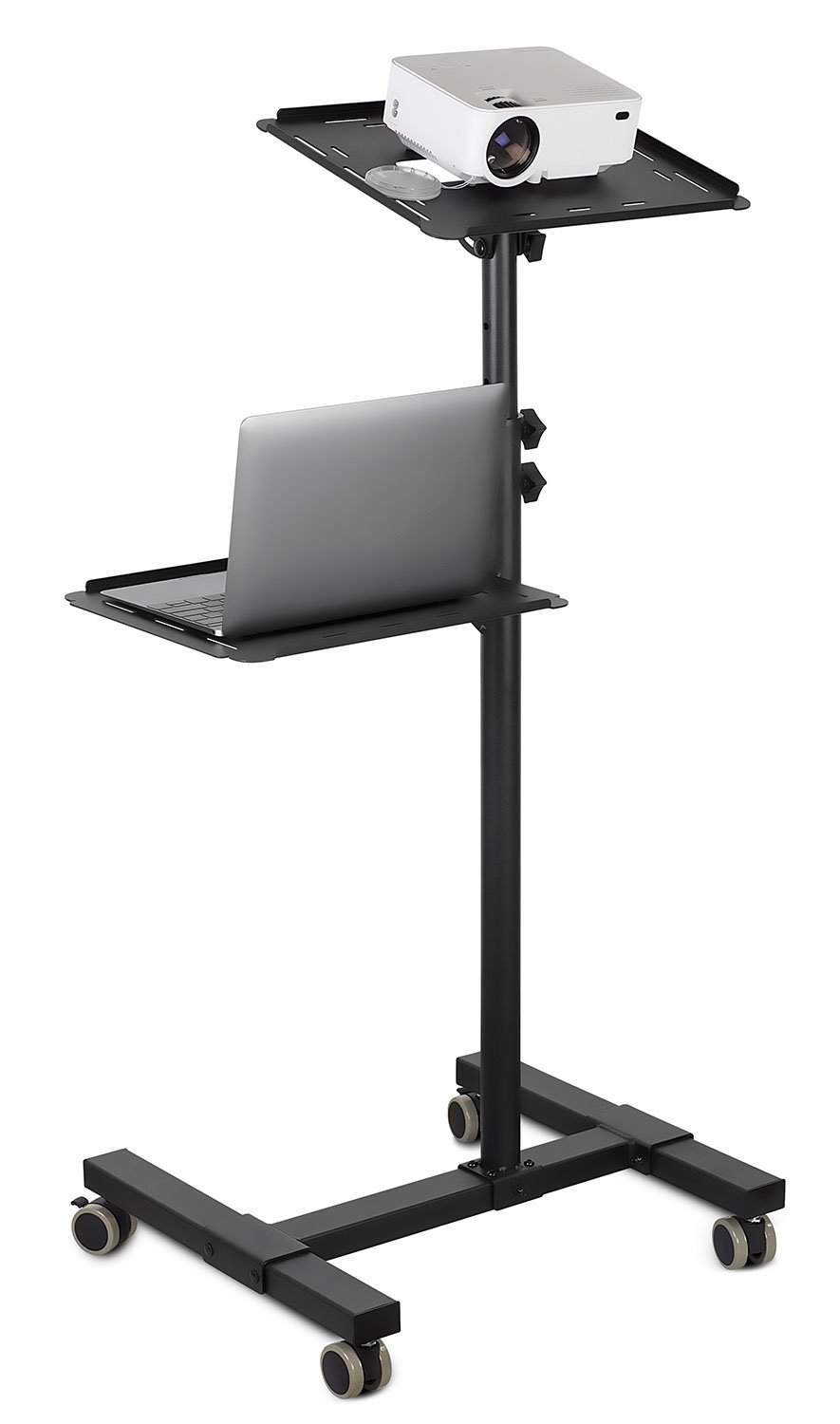 Mount-It! Heavy Duty Adjustable Height Mobile Projector Stand with 2 Shelves & Ventilated Tray - Rolling Laptop & Projector Cart for Office Presentations, Classroom Teaching, Home Theater Setup - Black