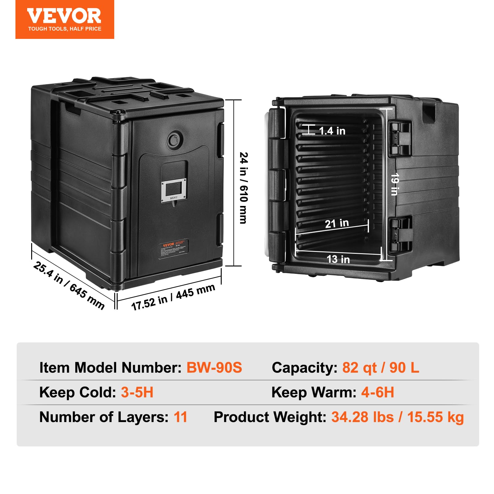 VEVOR 82 Qt Insulated Food Pan Carrier - Hot Box for Catering & Restaurants | Double-Buckle LLDPE Food Warmer with Handles | Stackable Front-Loading End Loader | Perfect for Buffets, Canteens & Food Delivery Services