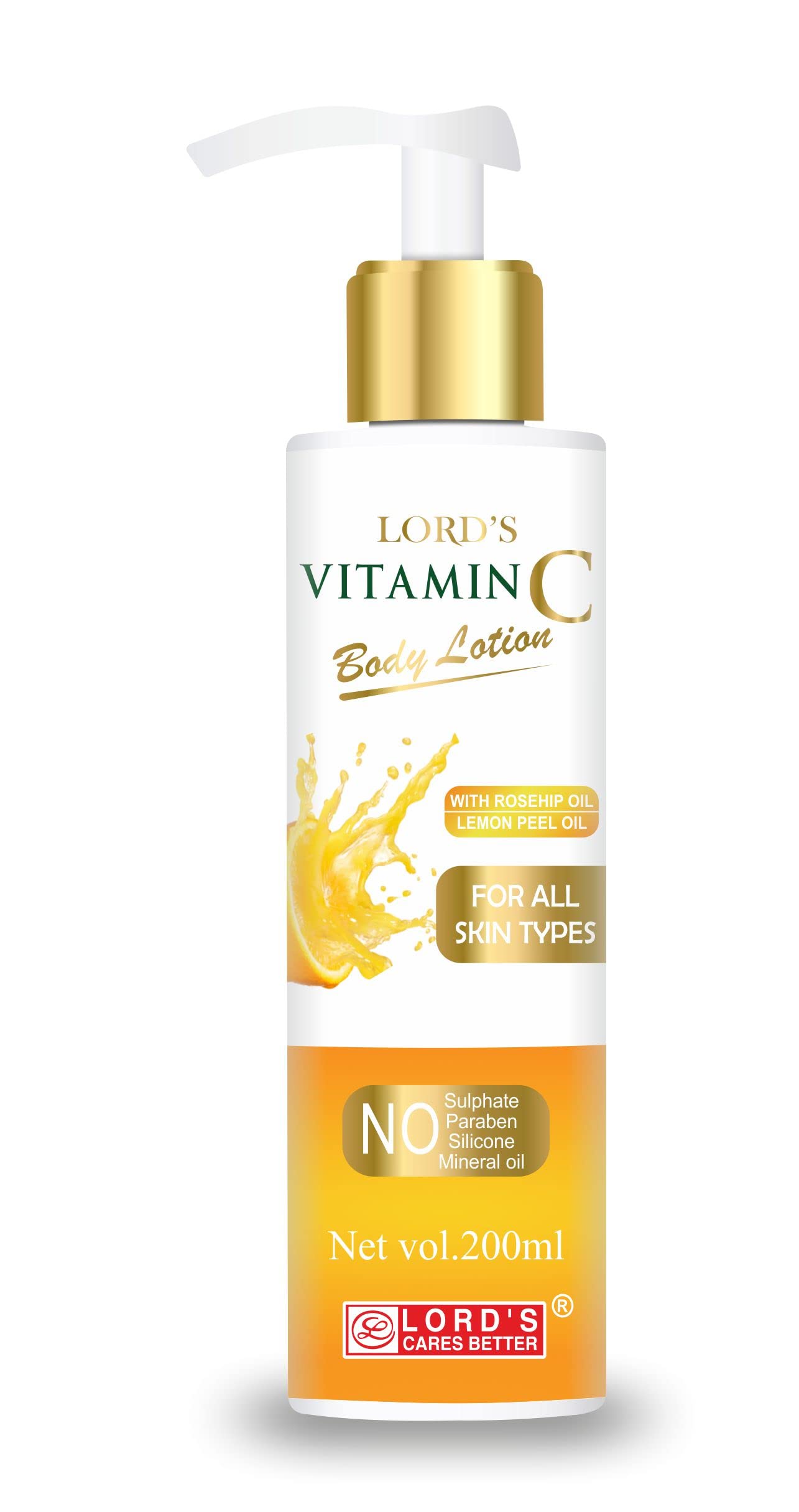 Lords Vitamin C Body Lotion with Rosehip & Lemon Peel Oil - 200ml Hydrating Moisturizer for Dry Skin - Brightening & Anti-Aging Skincare for Face & Body - Perfect for Daily Use & Night Routine