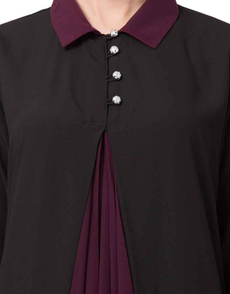 Elegant Arabic Contrast Yoke Black Wine Casual Abaya Dress - Perfect for Daily Wear, Prayer & Special Occasions